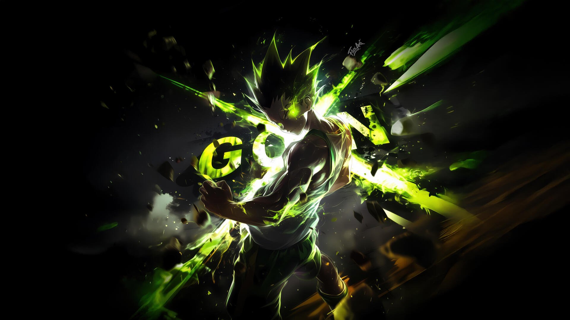 Dynamic 4K Ultra HD desktop wallpaper featuring Gon Freecss from Hunter x Hunter with vibrant green and black energy effects surrounding him.