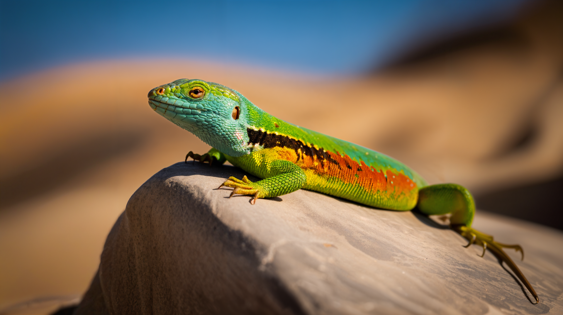 A vibrant green and orange lizard rests on a sunlit rock with a blurred natural background, captured in stunning detail as a 4K Ultra HD PC desktop wallpaper.