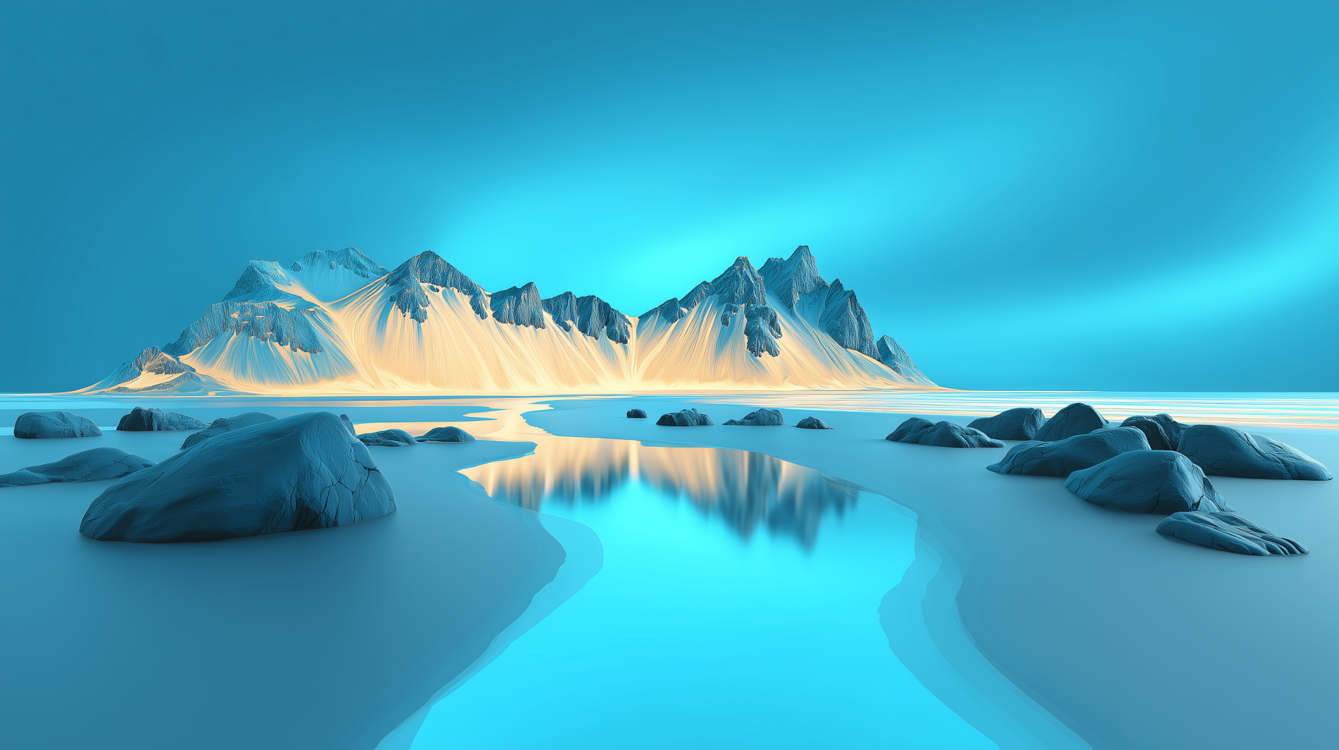 A minimalist HD desktop wallpaper featuring a serene winter mountain landscape in cyan and blue tones with reflective water and scattered rocks.