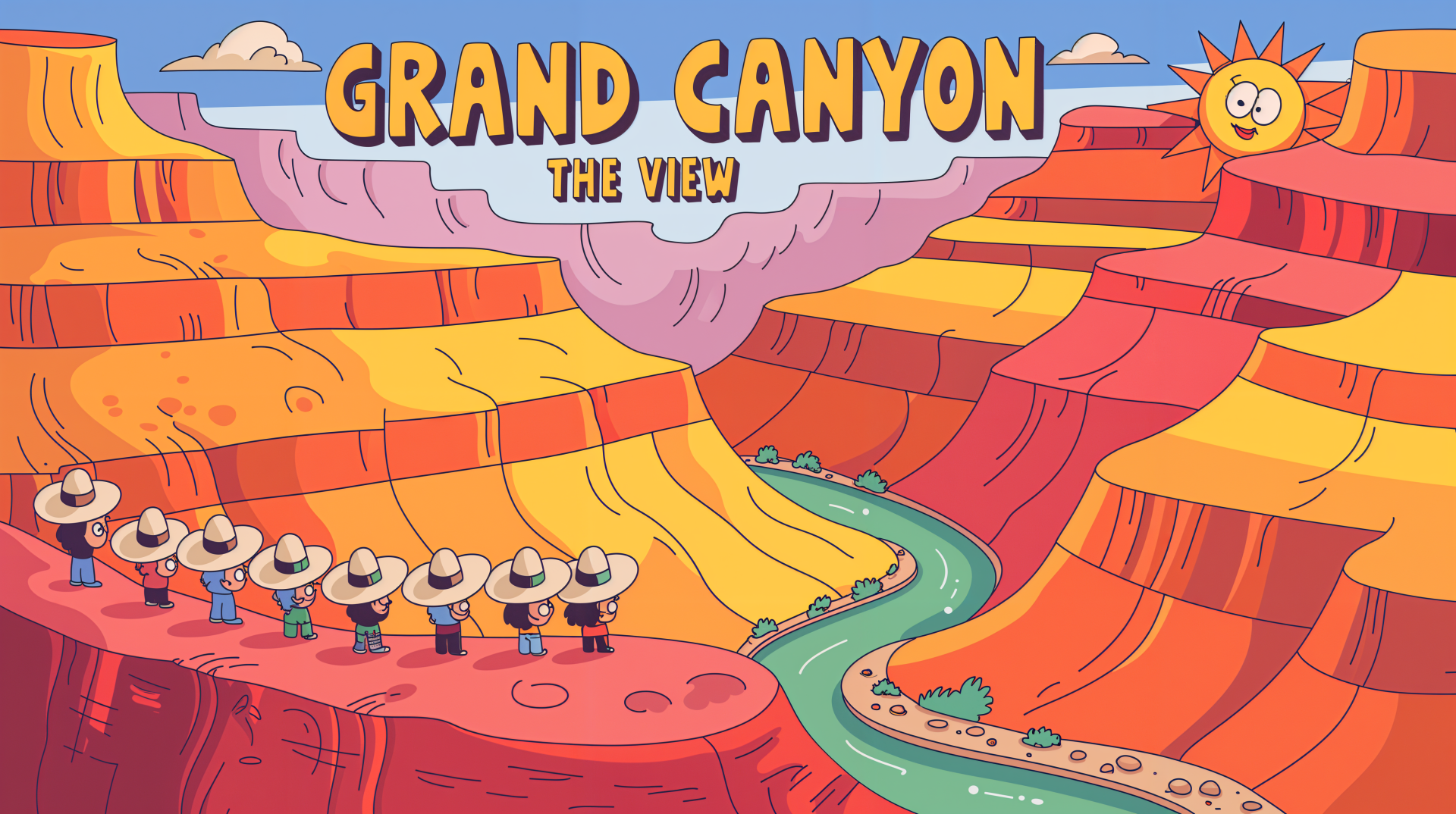 Colorful cartoon illustration of the Grand Canyon with a river flowing through it, featuring tourists and a smiling sun, designed as a 4K Ultra HD PC desktop wallpaper.