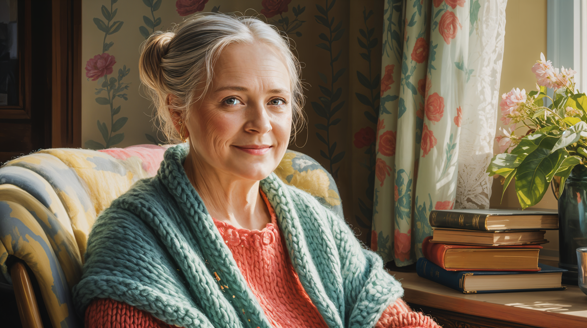 A serene grandmother wrapped in a knitted shawl, sitting by a window with floral curtains and a stack of books, captured in 4K Ultra HD for a PC desktop wallpaper.