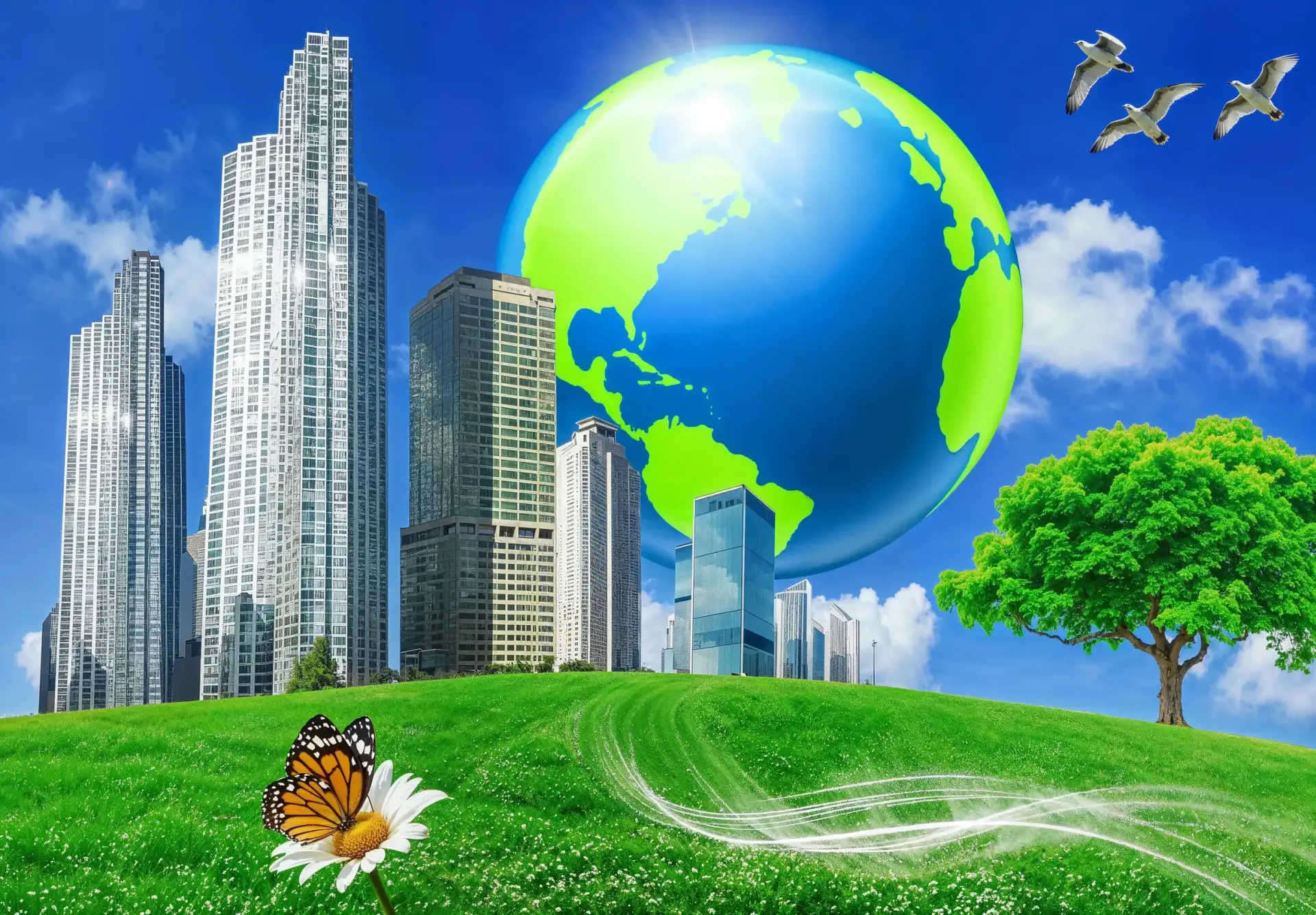 HD PC desktop wallpaper featuring a vibrant green landscape, city skyline, flying birds, a large globe, and a butterfly on a flower in Frutiger Aero style.
