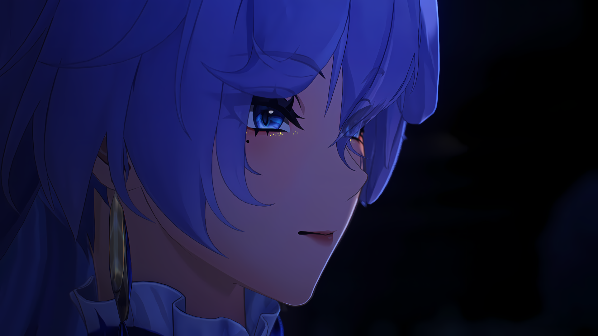 HD PC desktop wallpaper featuring Cantarella from the video game Wuthering Waves, showcasing a close-up of the character with blue hair against a dark background.