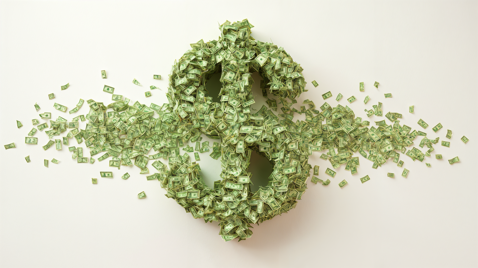 A 4K Ultra HD desktop wallpaper featuring a large dollar sign formed entirely from scattered money bills on a light background.