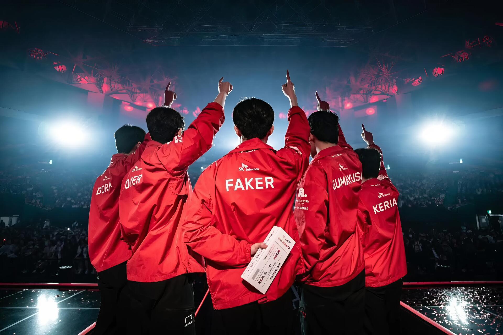 HD PC wallpaper featuring T1 esports team members from League of Legends, with Faker prominently centered in their signature red jackets under bright arena lights.