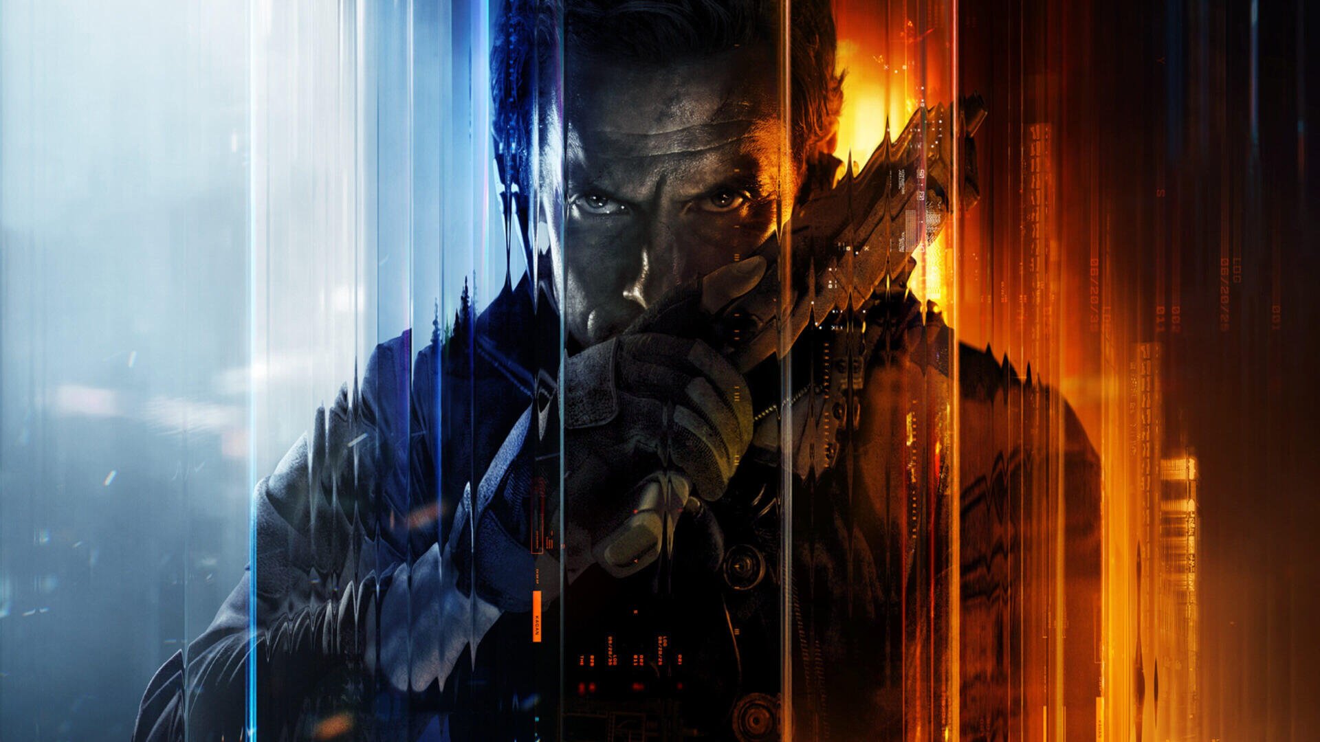 Call of Duty: Black Ops 7 4K Ultra HD PC desktop wallpaper — a shadowed soldier split by blue and orange light, gripping a rifle.