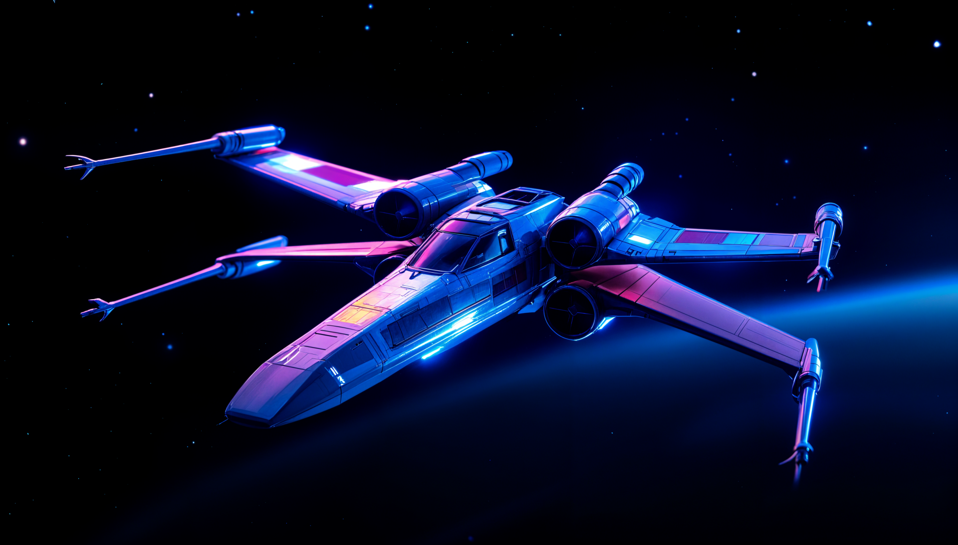 4K Ultra HD PC desktop wallpaper featuring a detailed X-Wing starfighter glowing with blue and pink lights against a dark space background.