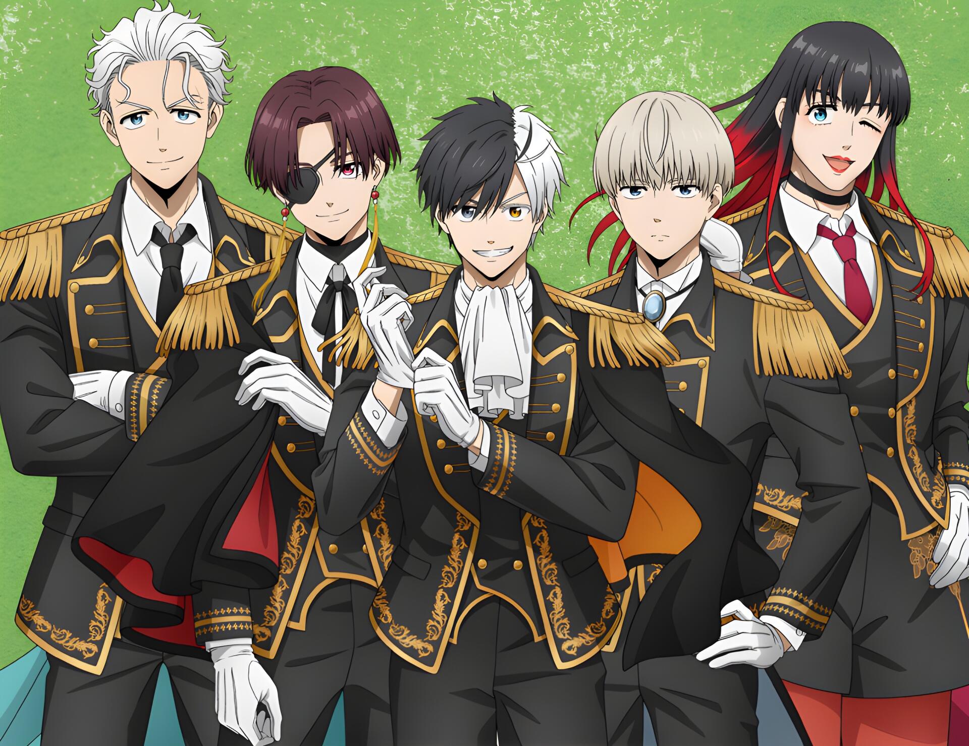 Anime Wind Breaker 2K Quad HD PC desktop wallpaper background showing five characters in black-and-gold military uniforms posing against a textured green backdrop.