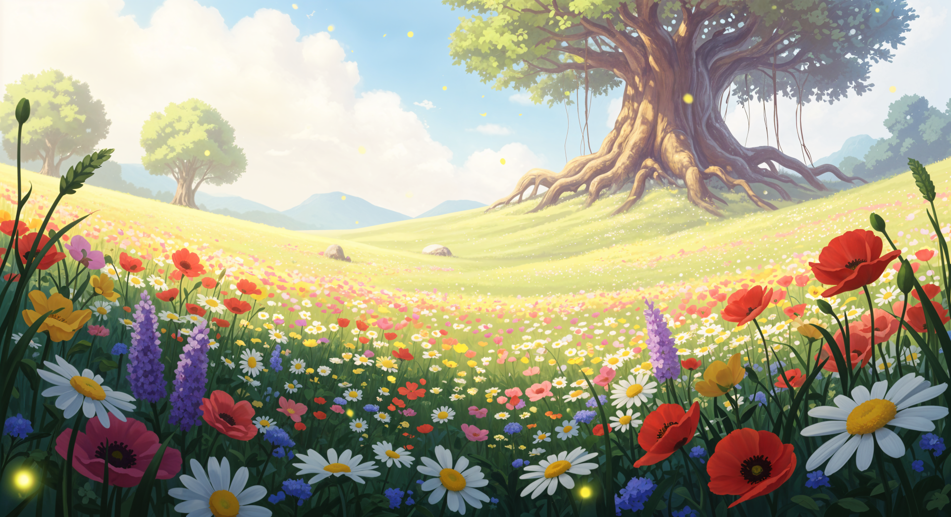 4K Ultra HD PC desktop wallpaper depicting a vibrant flower field with colorful blooms under a bright sky and a large tree with sprawling roots.