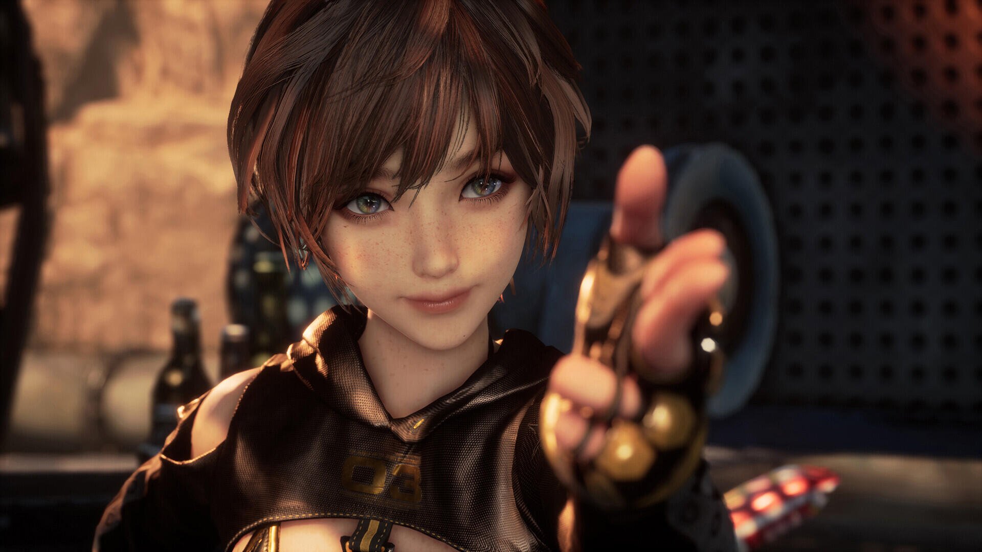 HD PC desktop wallpaper featuring a close-up of a female character from the video game Stellar Blade reaching out with a confident expression.