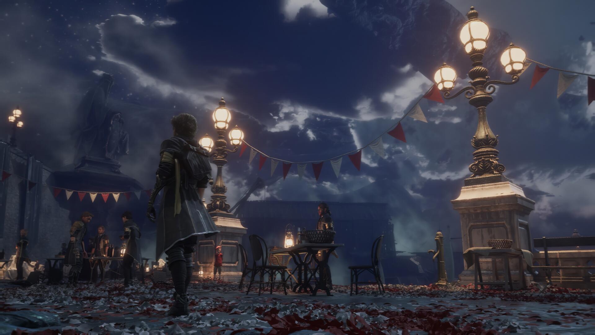 HD PC desktop wallpaper from the video game Clair Obscur: Expedition 33, featuring atmospheric nighttime street lamps and characters under a dramatic cloudy sky.