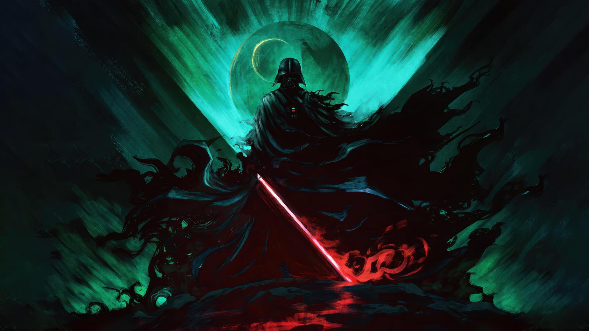 Darth Vader wields a red lightsaber against a glowing green-blue backdrop with a moon, captured in an 8K Ultra HD Star Wars movie wallpaper.