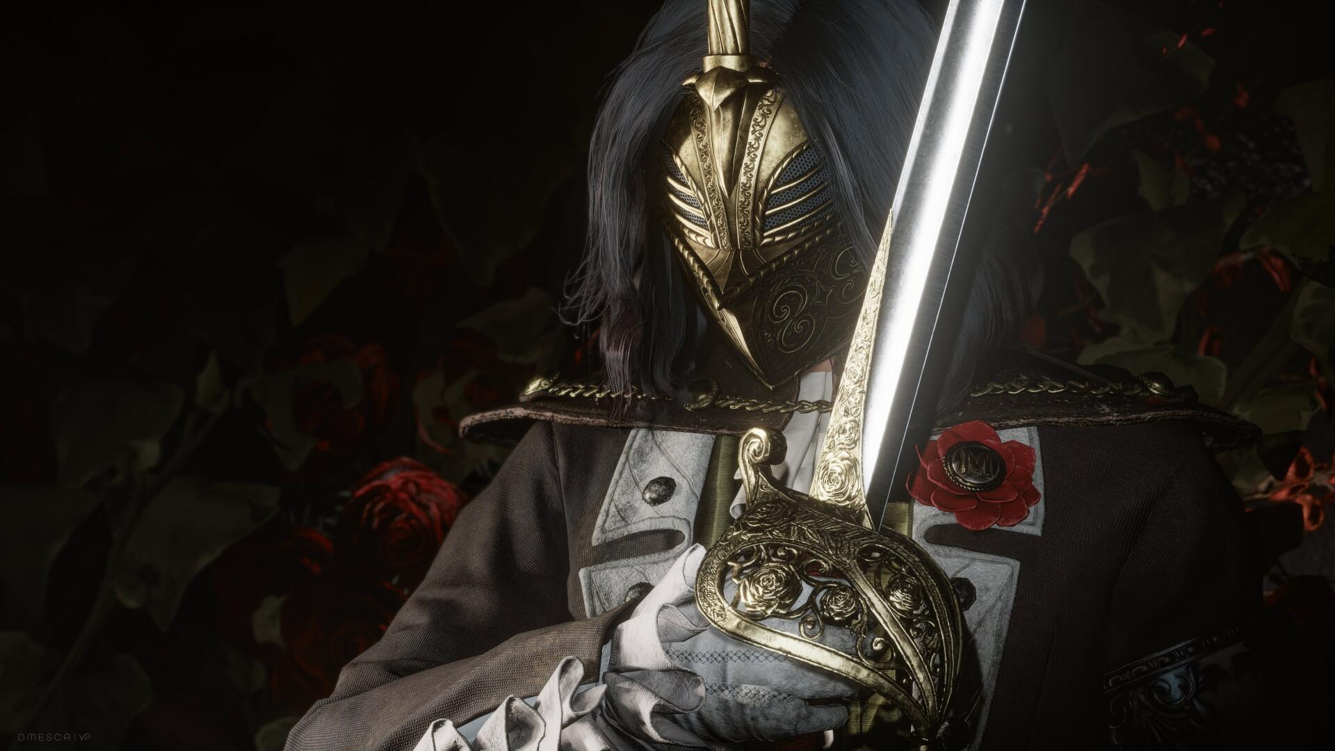 4K Ultra HD desktop wallpaper featuring a dark-clad warrior with a detailed golden helmet and ornate sword from the video game Lies Of P: Overture.