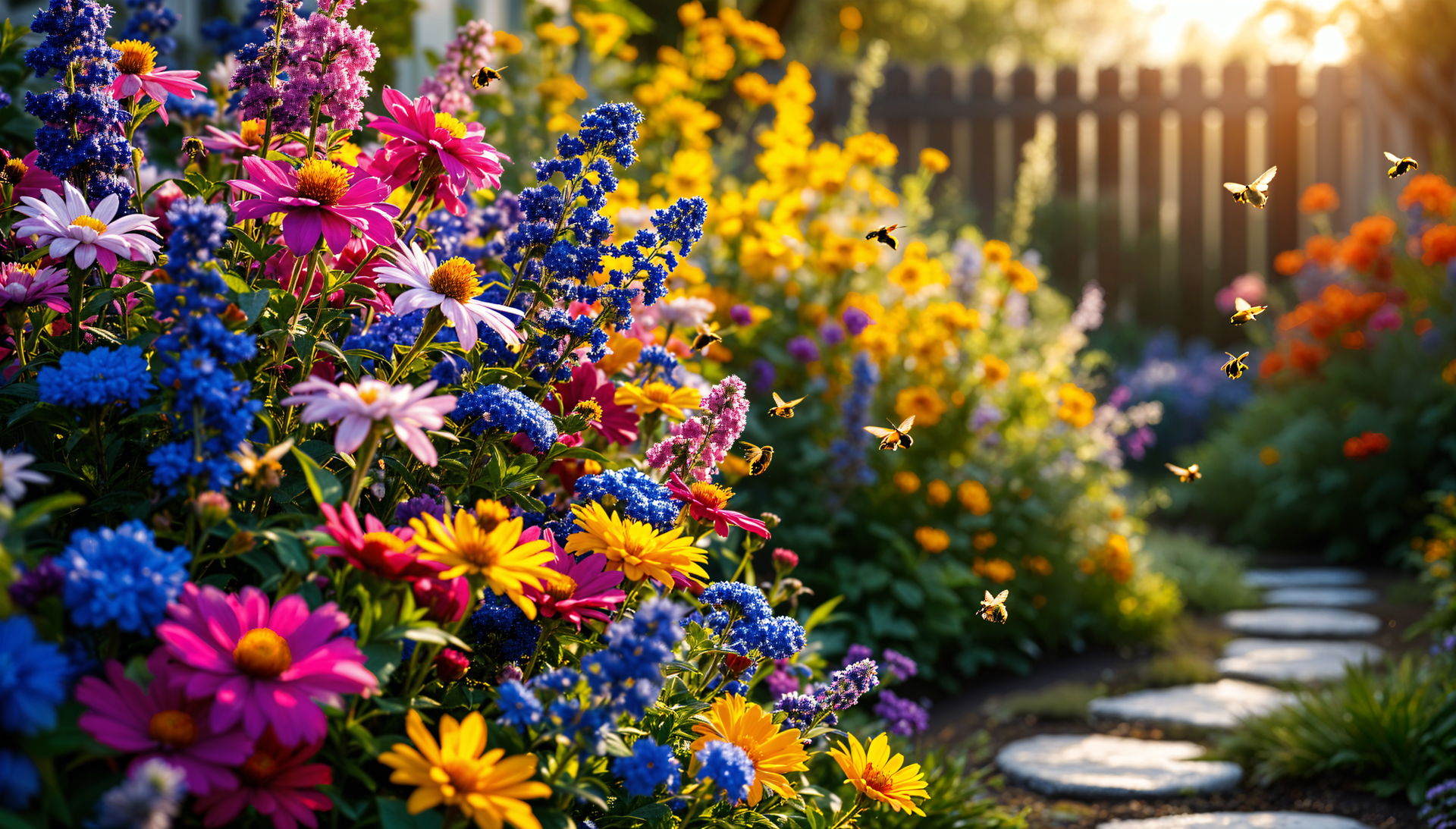 Vibrant garden blooming with colorful flowers and bees in golden sunlight, celebrating Pollinator Week in stunning 4K Ultra HD desktop wallpaper.