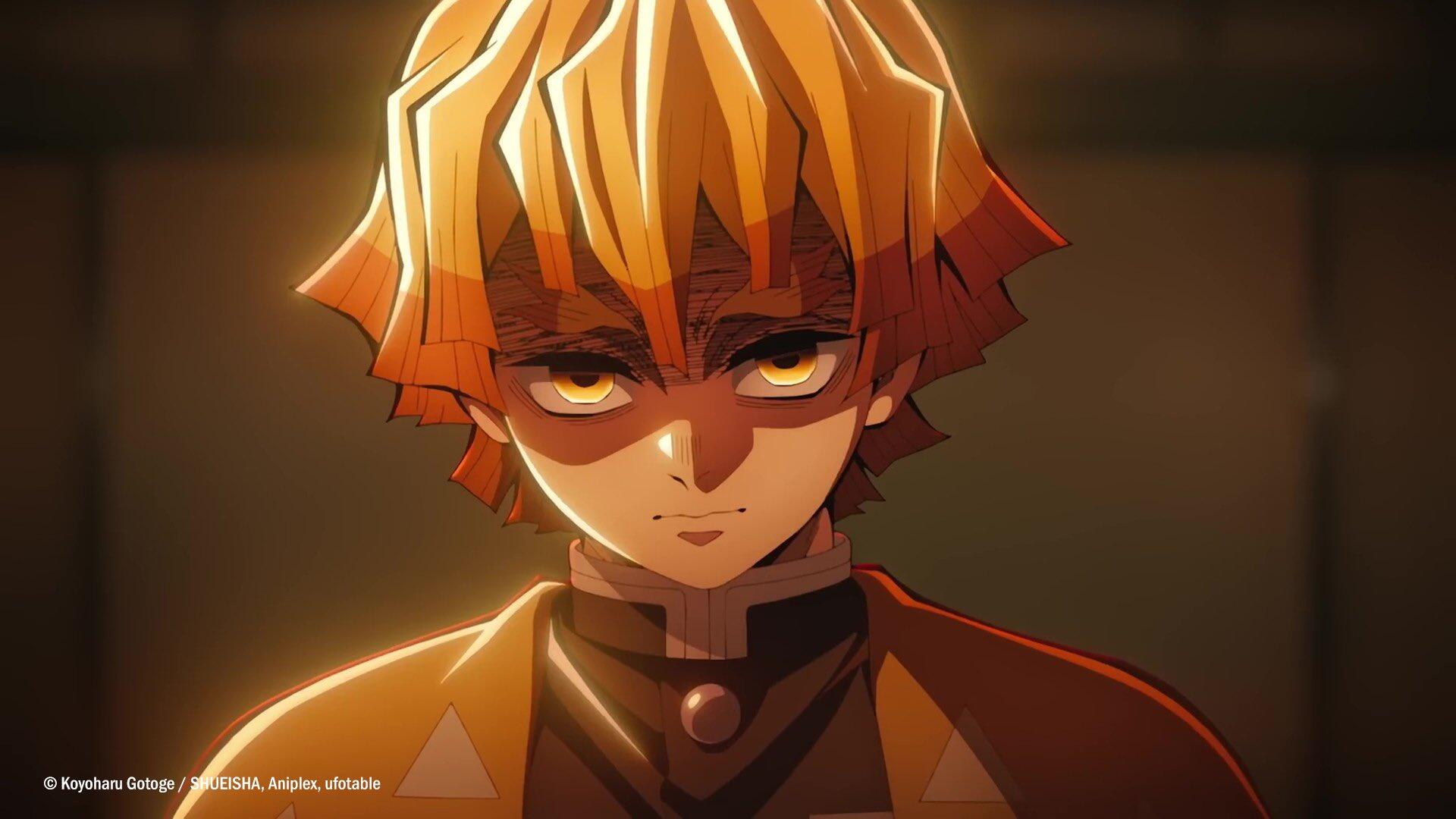 HD anime desktop wallpaper featuring Zenitsu Agatsuma from Demon Slayer: Kimetsu no Yaiba with intense lighting and a focused expression.