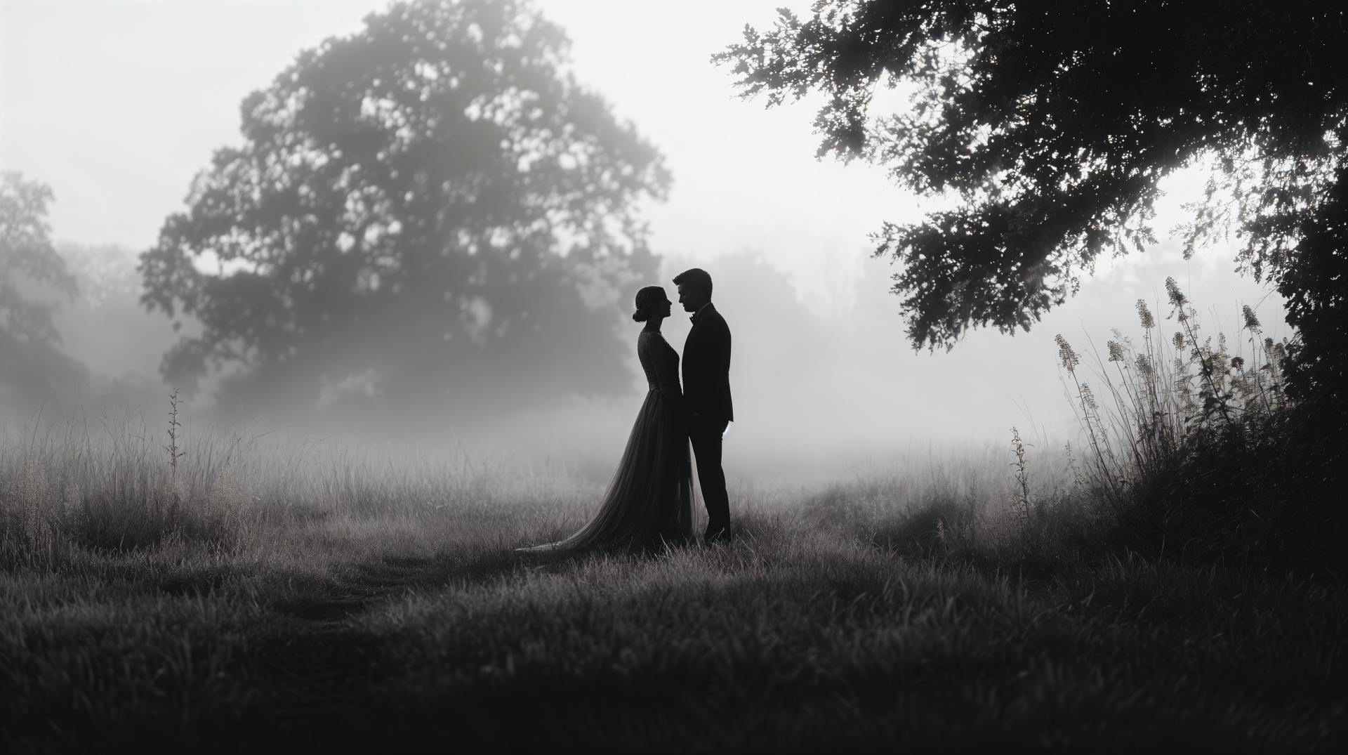 Silhouetted engaged couple standing close in a misty field, framed by trees, captured in stunning 4K Ultra HD as a romantic PC desktop wallpaper background.