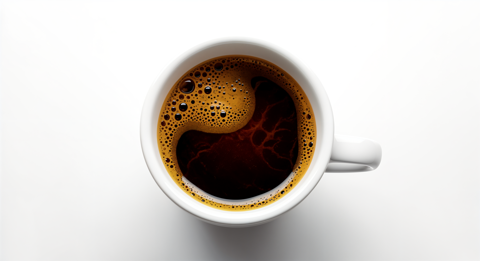 Top-down view of a steaming espresso cup with rich crema, showcased as a 4K Ultra HD PC desktop wallpaper with a clean white background.