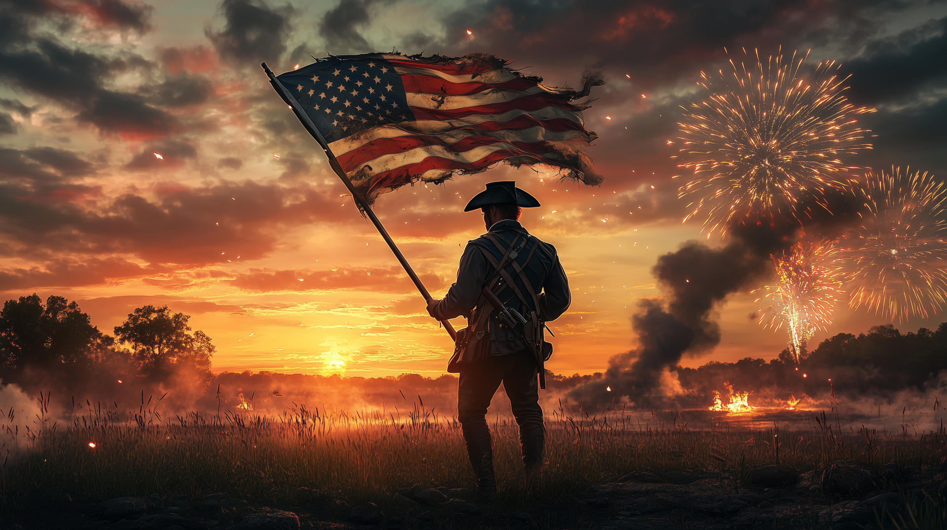 HD desktop wallpaper depicting a soldier holding the American flag at sunset with fireworks in the sky, symbolizing 4th of July Independence Day and war themes.