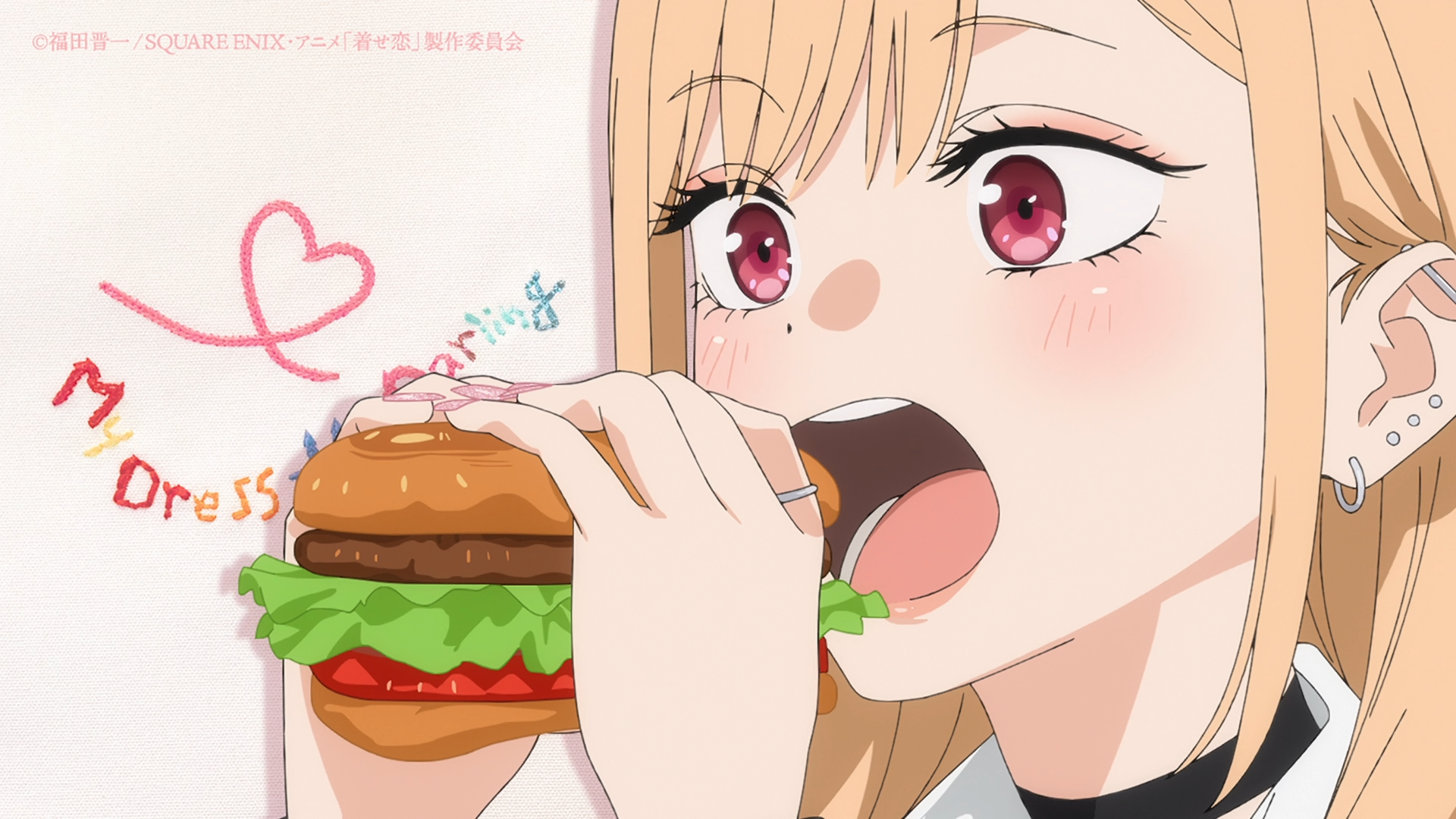 Anime HD PC desktop wallpaper of Marin Kitagawa from My Dress-Up Darling: close-up of her with pink eyes and blonde hair biting into a large hamburger against a soft pastel background.