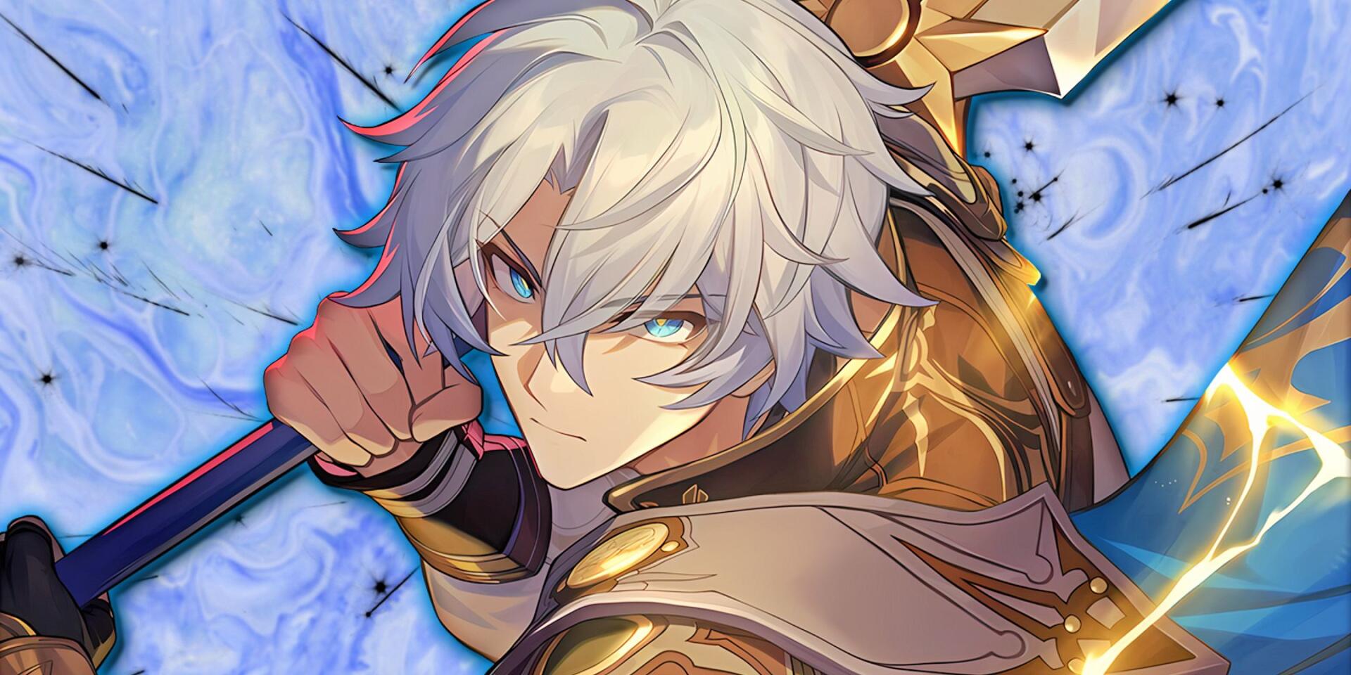 HD PC desktop wallpaper featuring Phainon from the video game Honkai: Star Rail, showcasing his intense gaze and detailed armor against a vibrant blue background.