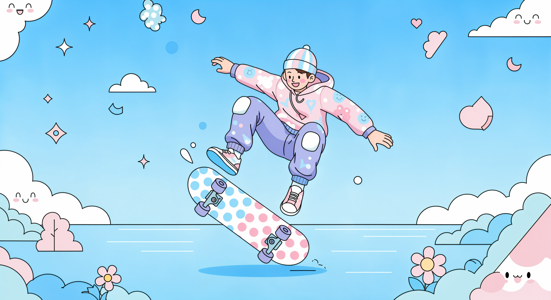 Colorful 4K Ultra HD desktop wallpaper featuring a cartoon skateboarder performing a trick mid-air against a bright blue sky with clouds and whimsical floral elements.
