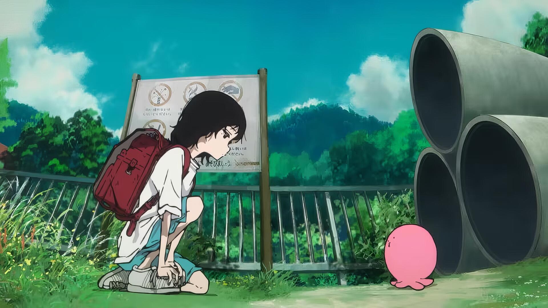 HD PC desktop wallpaper featuring anime-style characters from Takopi's Original Sin in a lush outdoor setting with blue skies and green foliage.