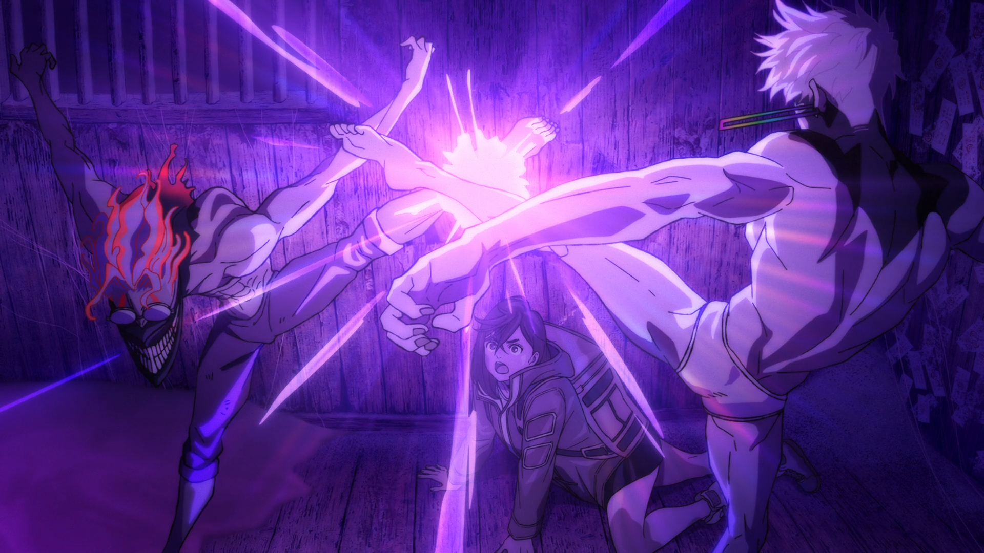 HD anime wallpaper from Dandadan featuring dynamic action between characters Ken Takakura, Momo Ayase, and Jin Enjouji with vibrant purple energy effects.