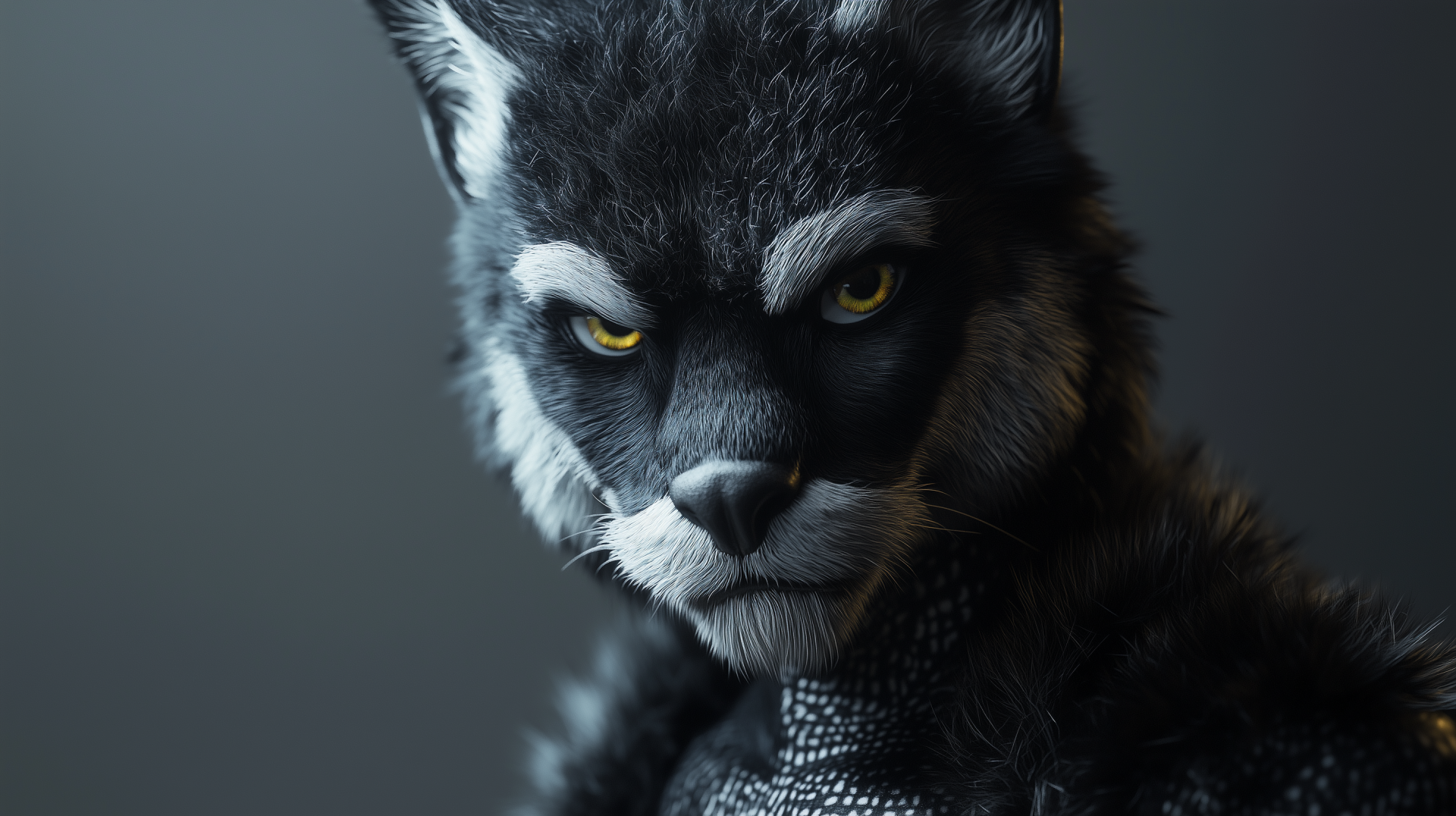 HD PC desktop wallpaper featuring a fierce furry character in an animal costume locked in an intense stare down.