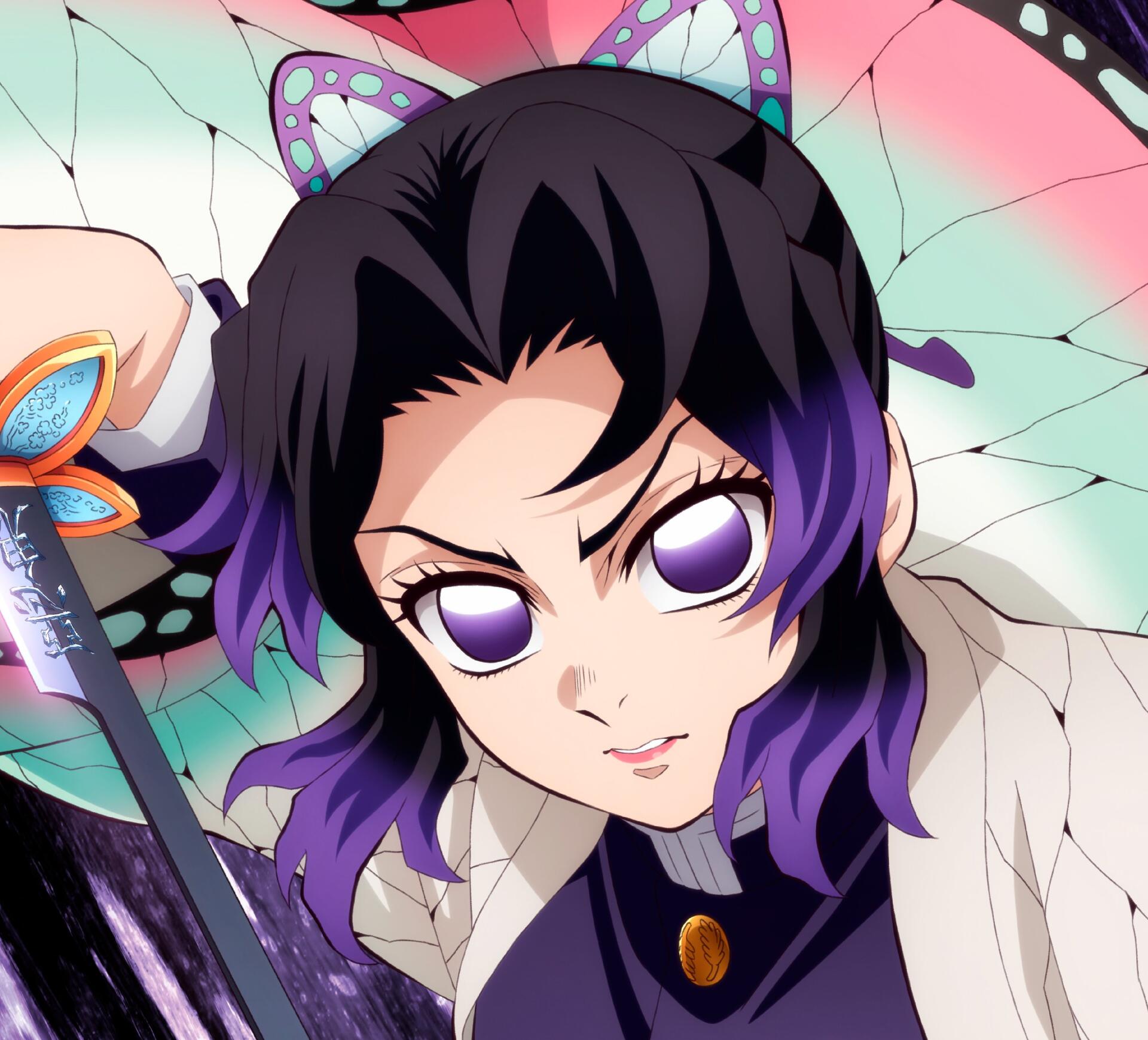 4K Ultra HD anime wallpaper featuring Shinobu Kochou from Demon Slayer: Kimetsu no Yaiba with vibrant purple eyes and detailed butterfly-themed design.