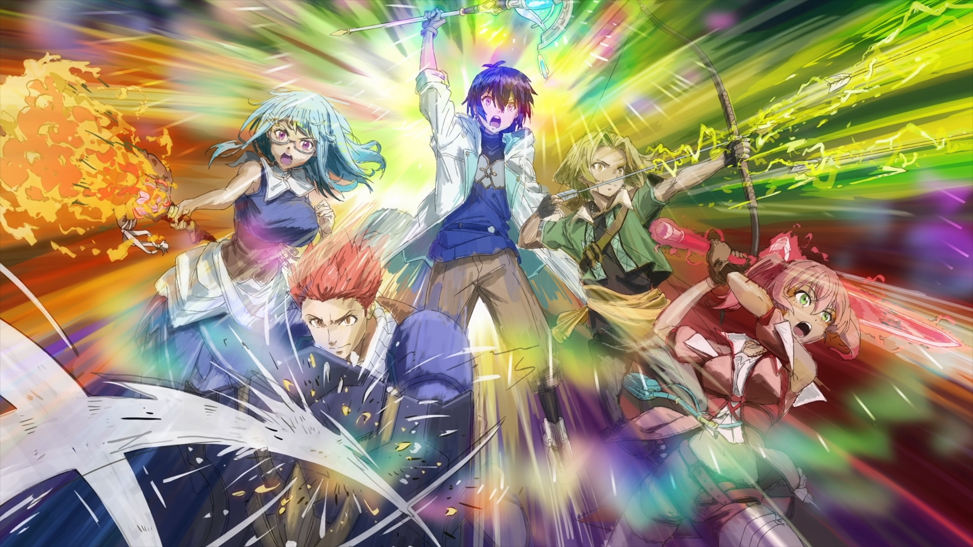 HD anime wallpaper from Scooped Up by an S-Rank Adventurer! featuring five vibrant characters in dynamic, colorful action poses with magical energy effects.