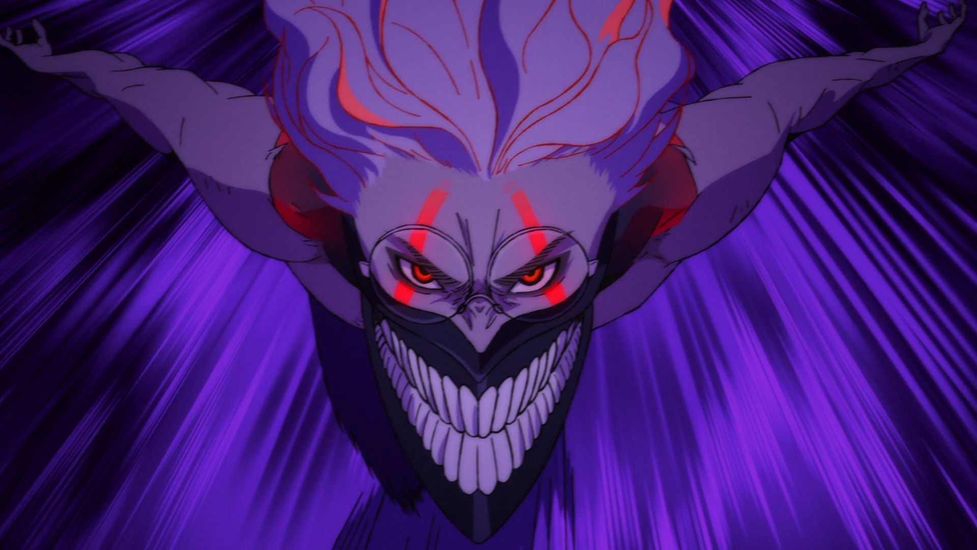 HD anime desktop wallpaper from Dandadan featuring a menacing character with glowing red eyes and sharp teeth, set against a dynamic purple background.