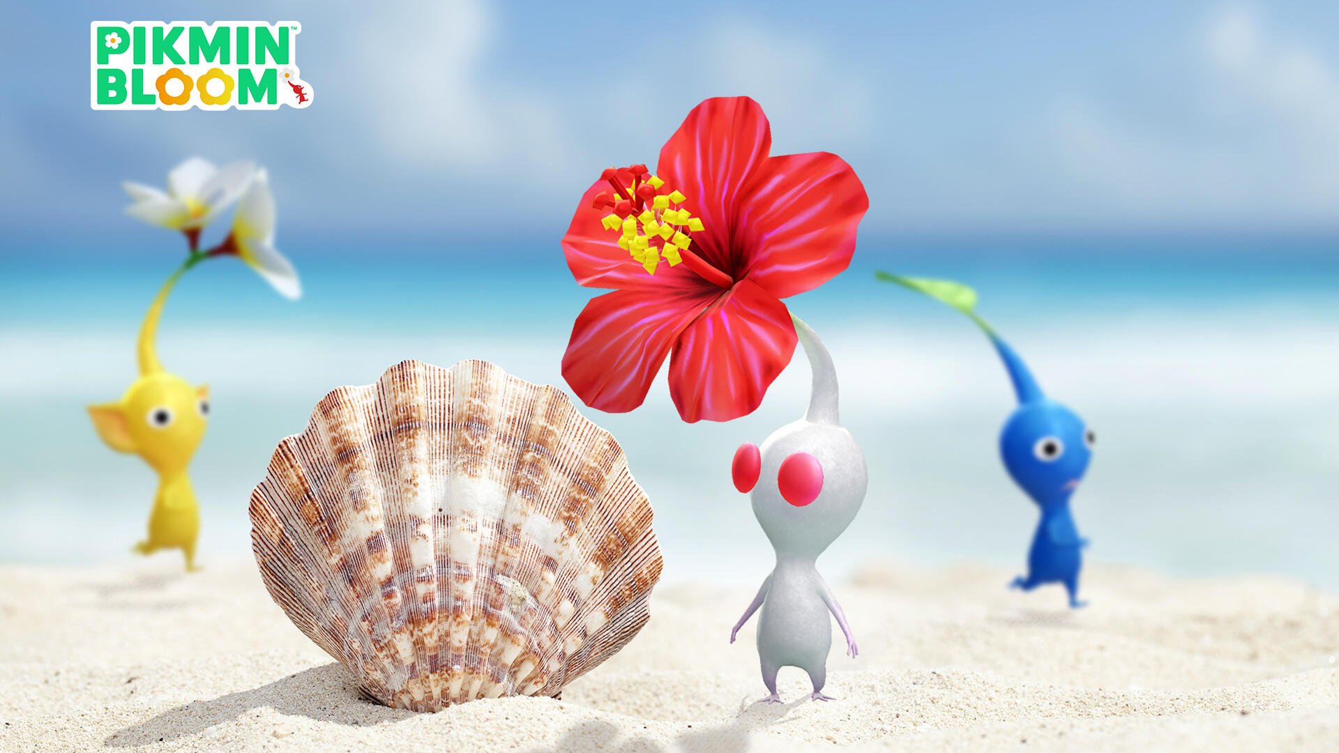 HD Pikmin Bloom PC wallpaper featuring colorful Pikmin characters on a sandy beach with a large seashell and vibrant red hibiscus flower under a clear blue sky.