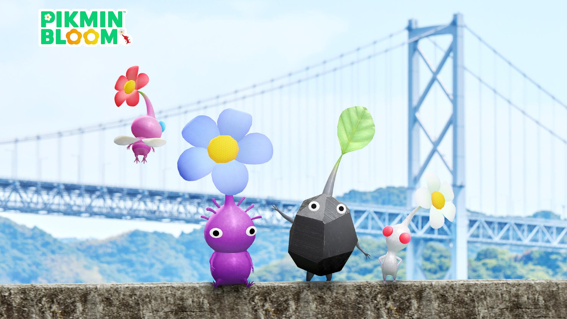 HD PC desktop wallpaper featuring colorful Pikmin characters with flowers and leaves on their heads, set against a blurred city bridge background.
