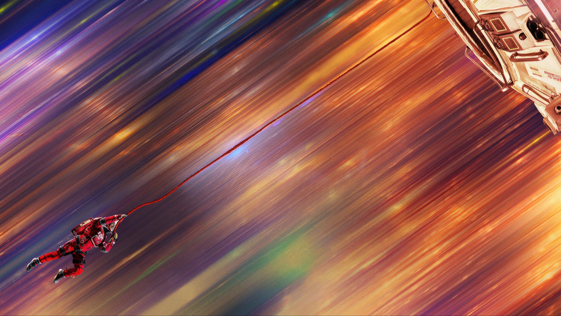 4K Ultra HD desktop wallpaper featuring a dynamic space scene from the movie Project Hail Mary, with an astronaut tethered outside a spacecraft against vivid cosmic colors.
