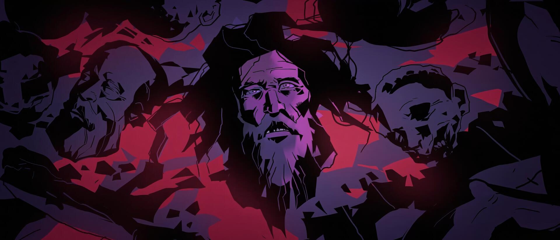 HD PC desktop wallpaper from the video game Hell Clock, featuring a dark, stylized illustration of a distressed face surrounded by skulls and red shadows.