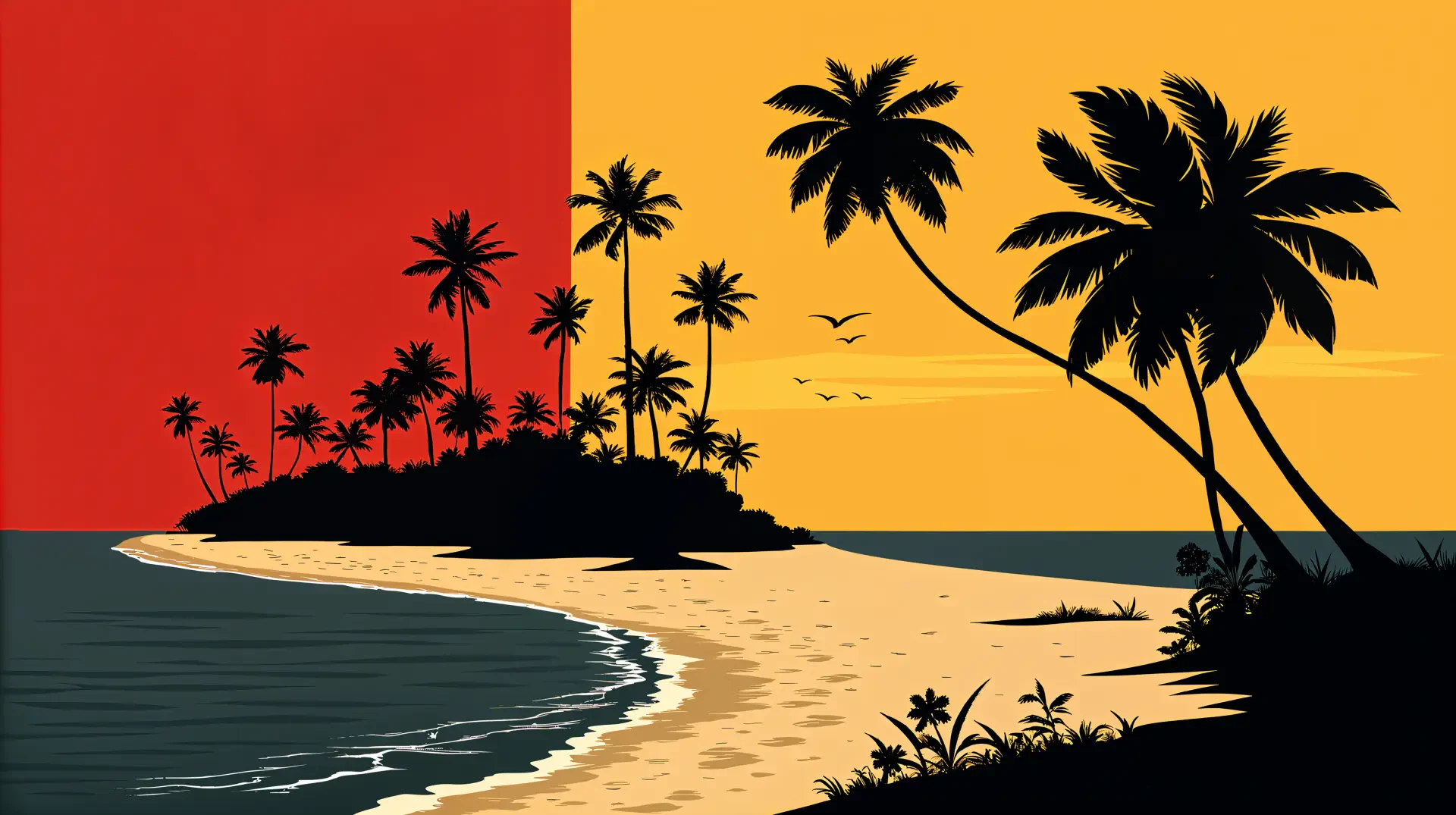 4K Ultra HD PC desktop wallpaper of a tropical island silhouette with palm trees against a vibrant red and orange sunset sky over calm ocean waters.