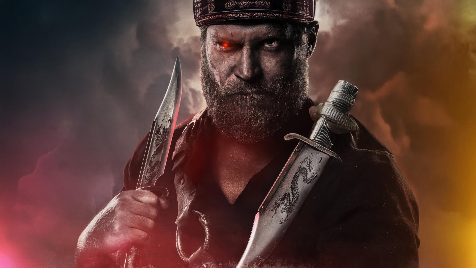 Mortal Kombat 2 (2025) character gripping two large blades with glowing red eyes, set against a dark, smoky background in 4K Ultra HD PC desktop wallpaper.