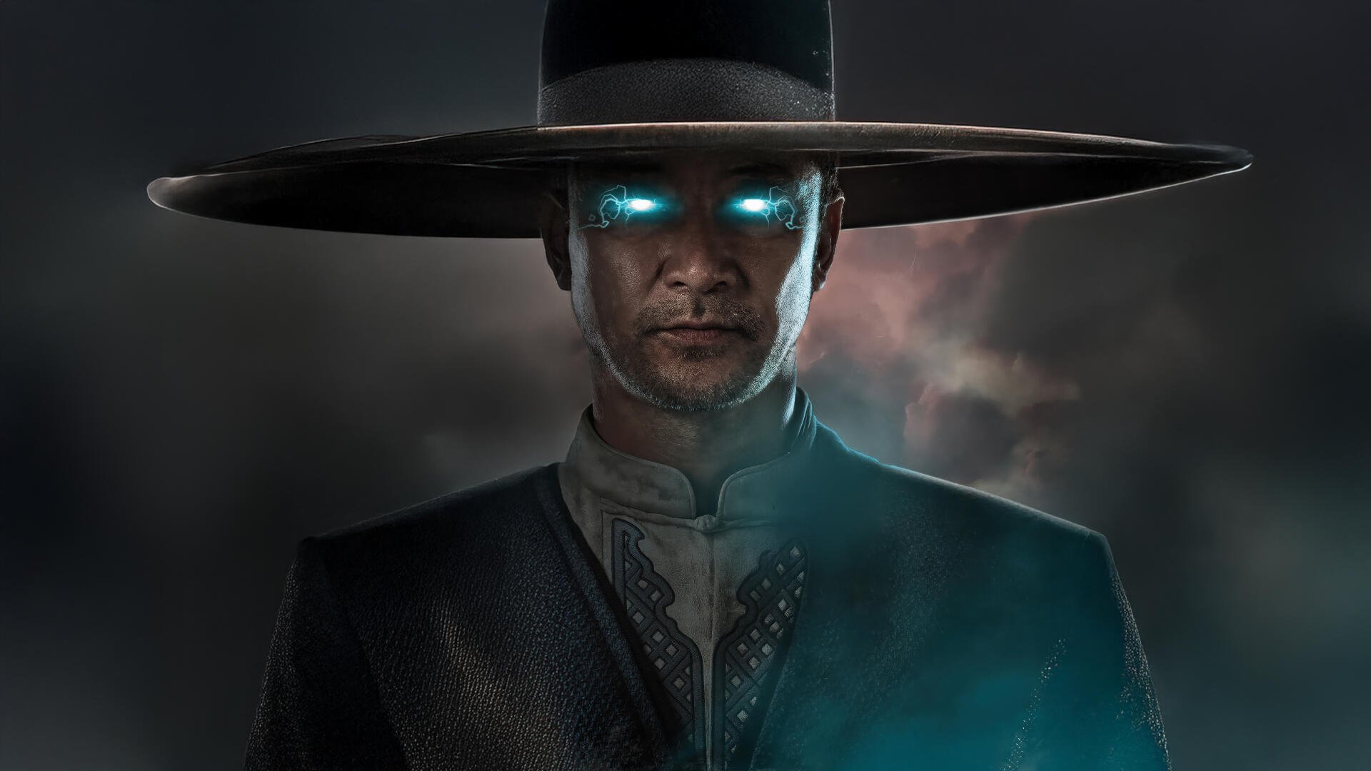 4K Ultra HD PC desktop wallpaper featuring a dark, mysterious character with glowing blue eyes, from Mortal Kombat 2 (2025).