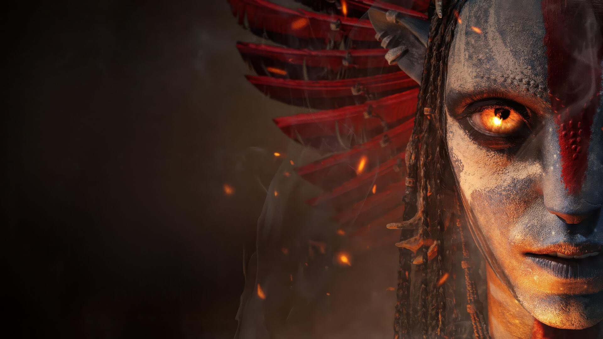 4K Ultra HD PC desktop wallpaper featuring a close-up of a fiery, intense avatar face with glowing orange eyes and ash-like texture from Fire and Ash.