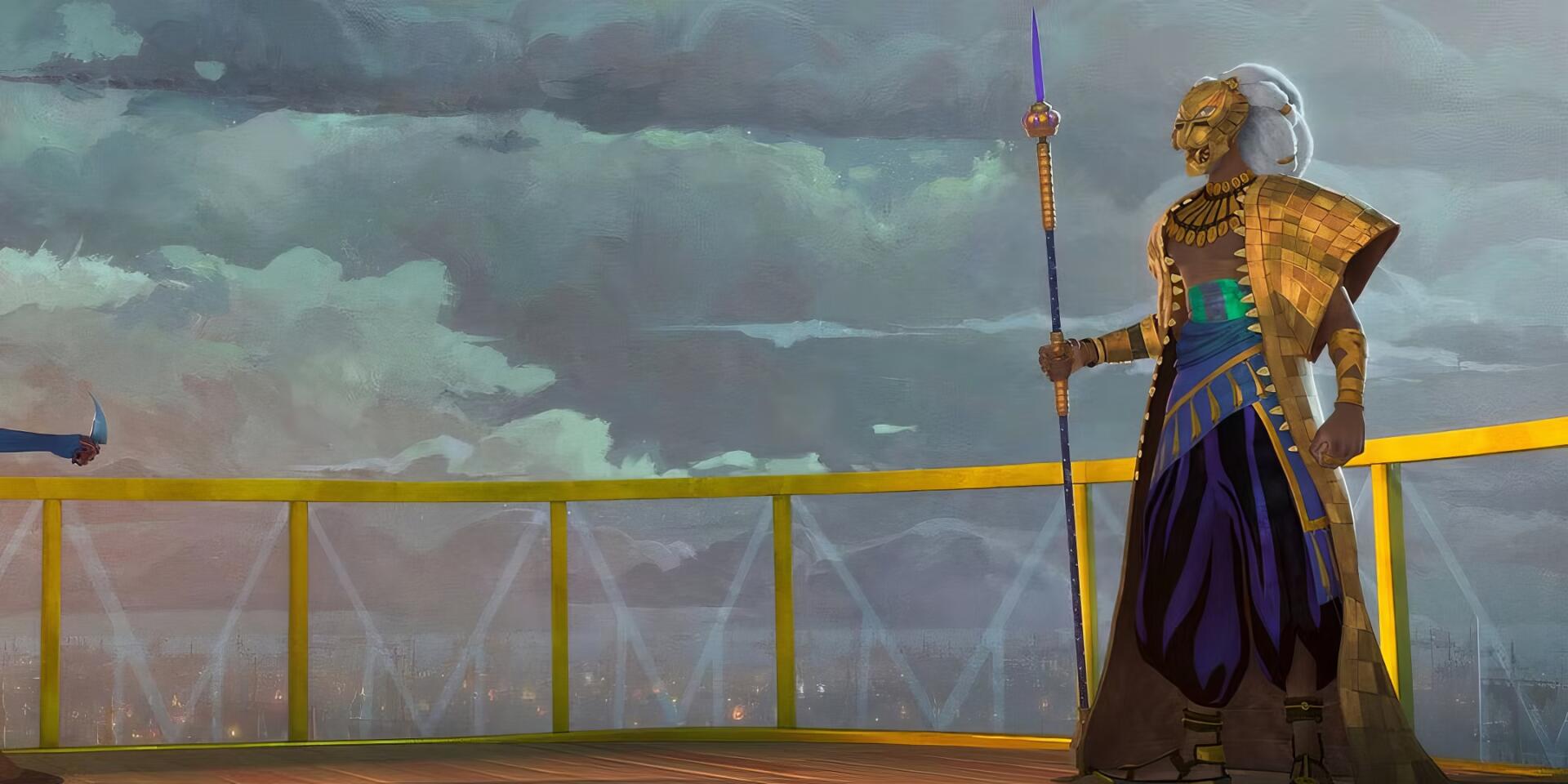 HD PC desktop wallpaper featuring a character from the TV show Eyes of Wakanda standing on a platform under a stormy sky.