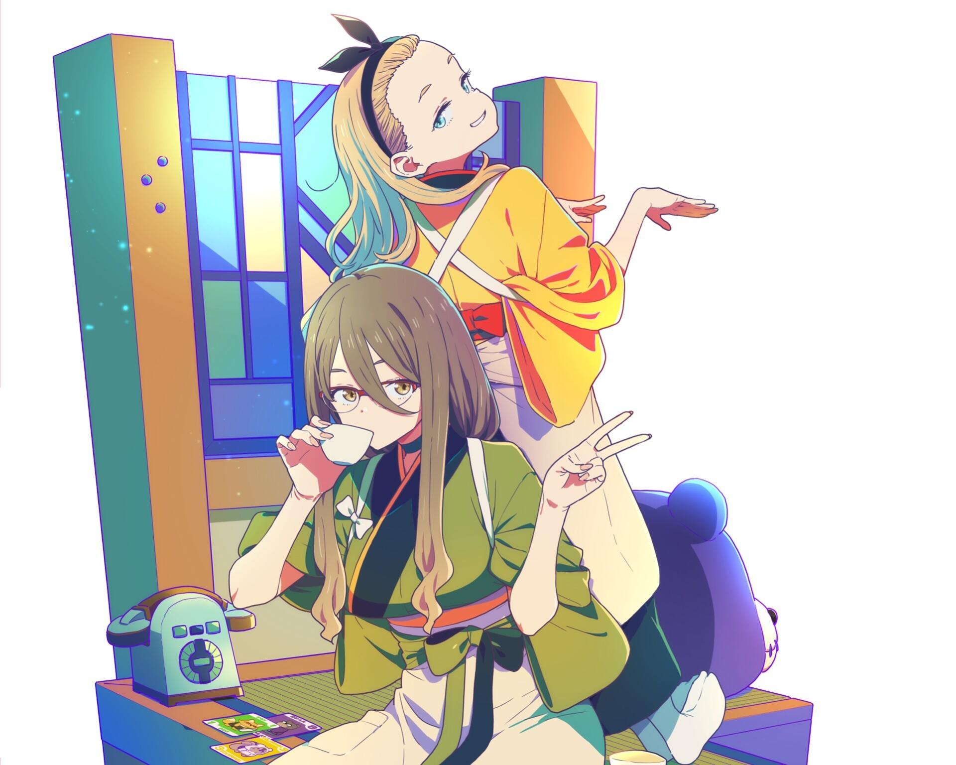 HD anime desktop wallpaper featuring Kurumi and Mizuki Nakahara from Lycoris Recoil in a colorful, vibrant setting with stained glass windows.