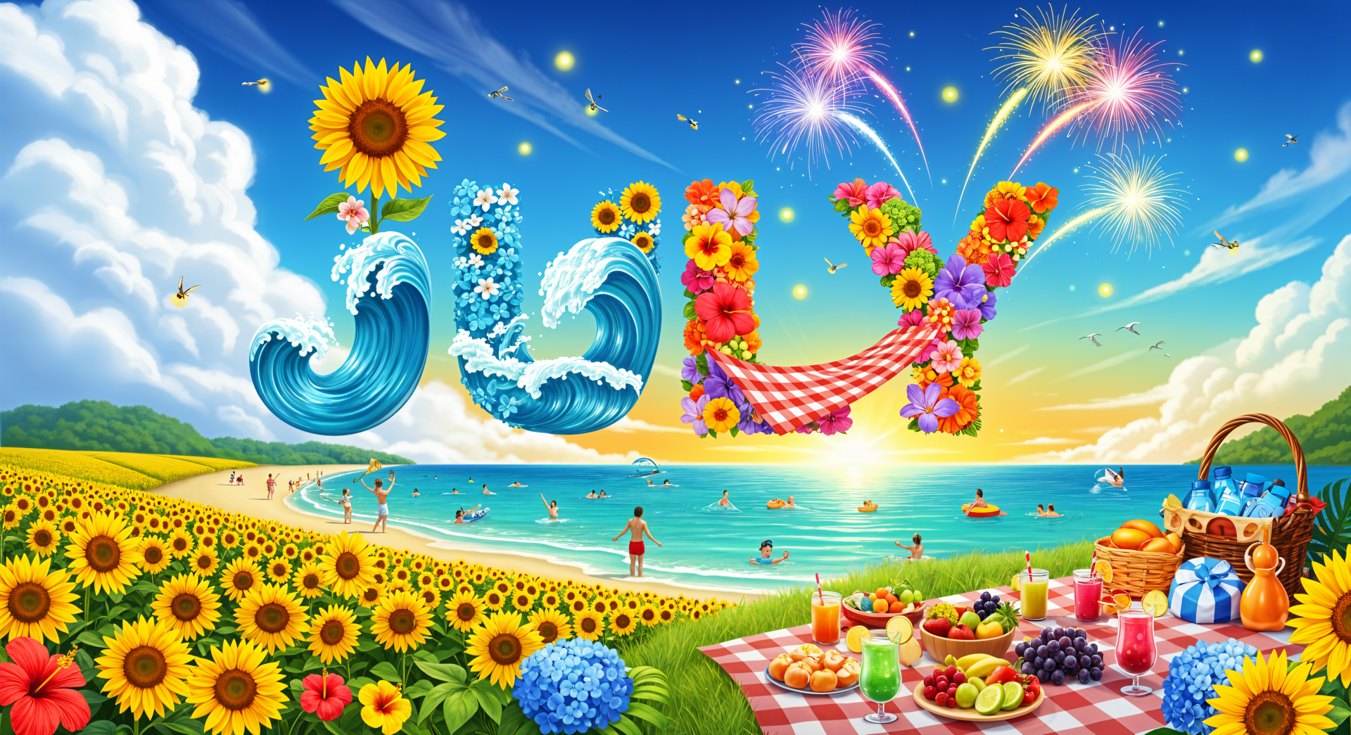 A vibrant 4K Ultra HD July desktop wallpaper showing a sunny beach with sunflowers, picnic setup, and colorful floral letters spelling July against a bright blue sky with fireworks.