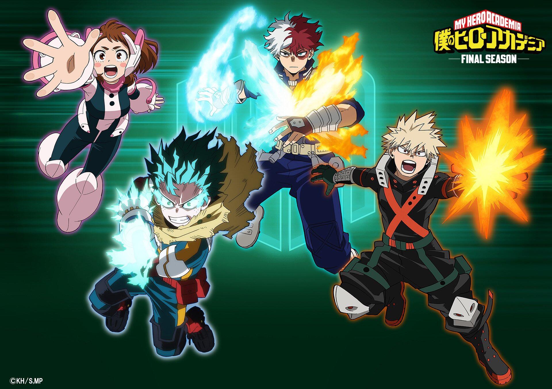 HD PC desktop wallpaper featuring dynamic characters from the anime My Hero Academia, showcasing intense action and vibrant energy in its final season.