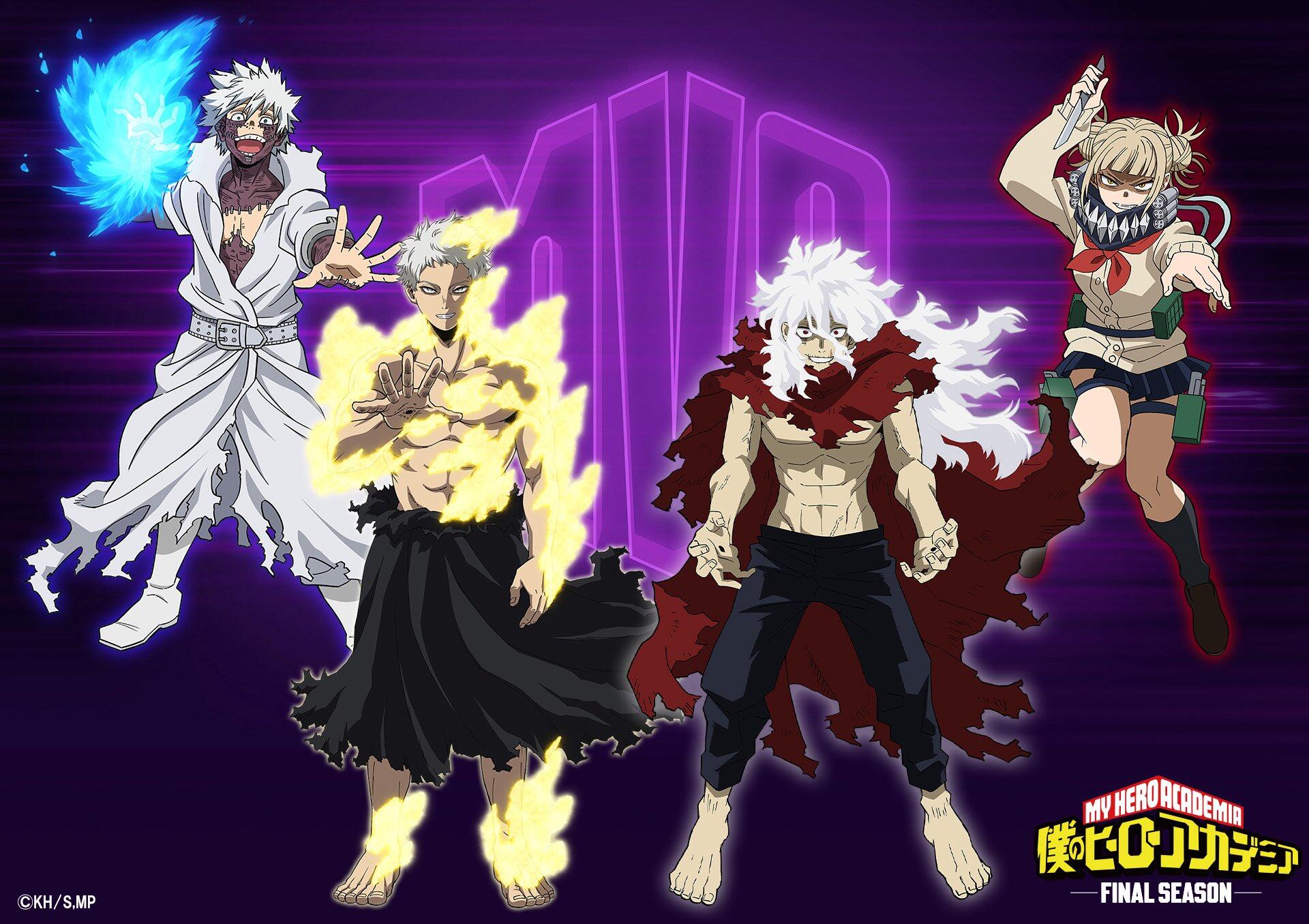 HD anime desktop wallpaper featuring My Hero Academia villains Tomura Shigaraki, All For One, and Himiko Toga against a glowing purple background.