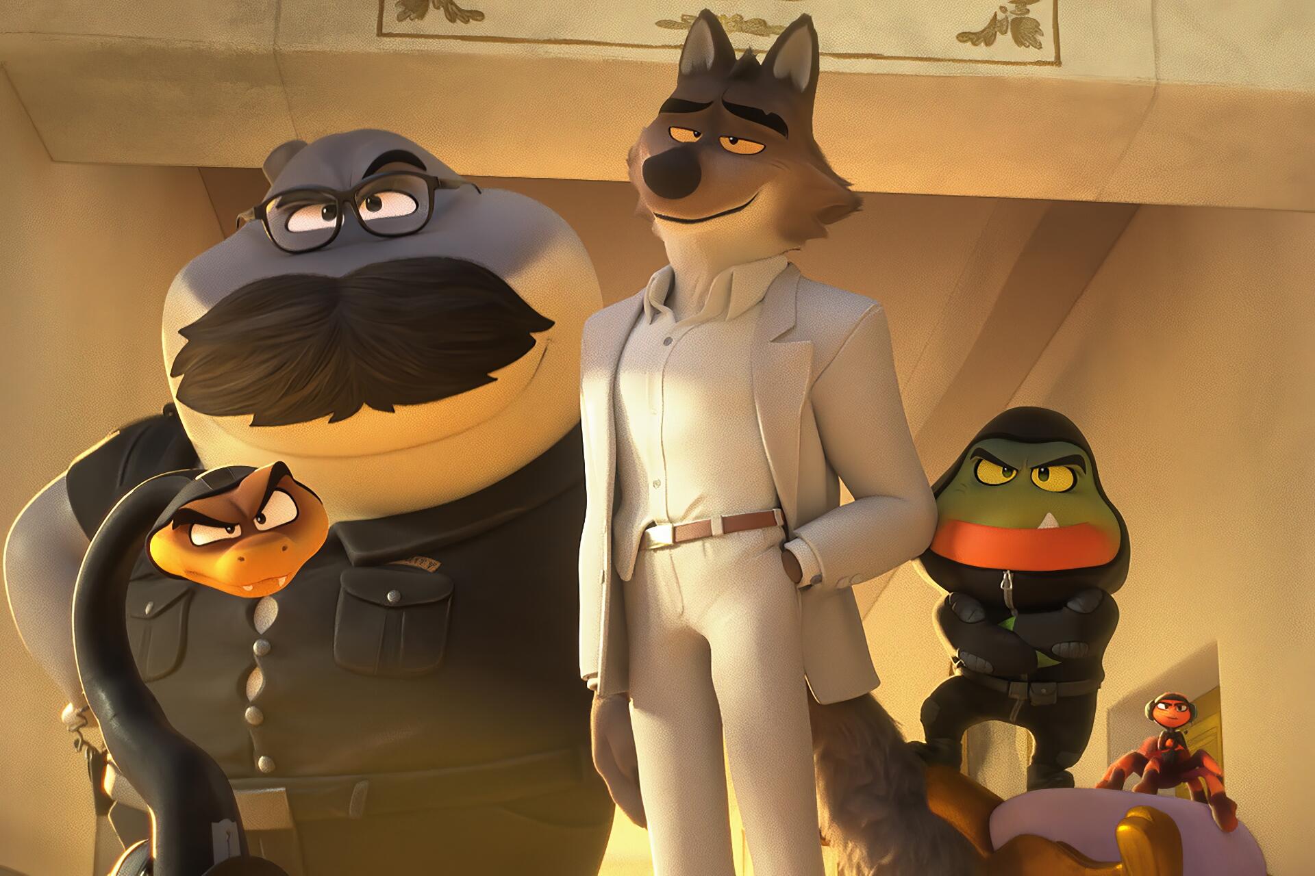 HD PC desktop wallpaper featuring animated characters from the movie The Bad Guys 2, showcasing a confident wolf in a white suit and a large dog with a mustache.