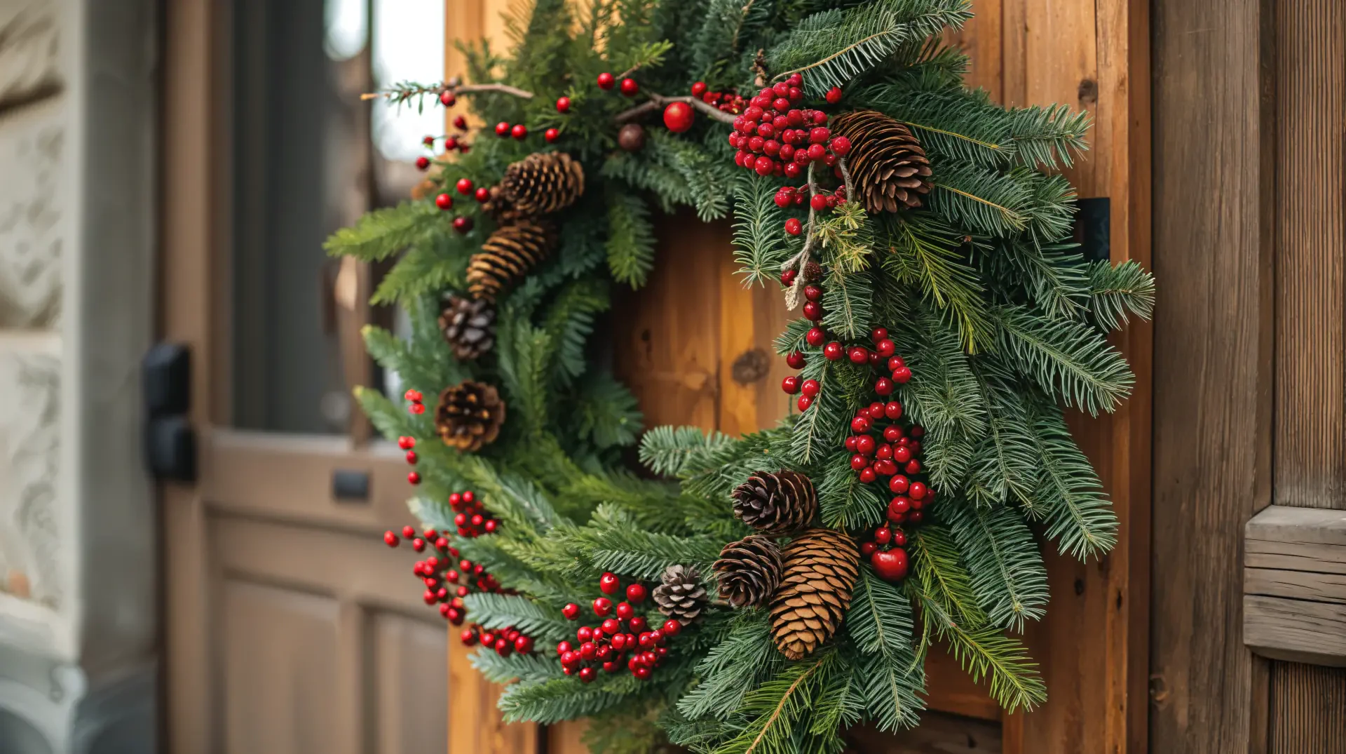 A detailed 4K Ultra HD PC desktop wallpaper of a festive wreath with pine branches, pinecones, and red berries hanging on a wooden door.