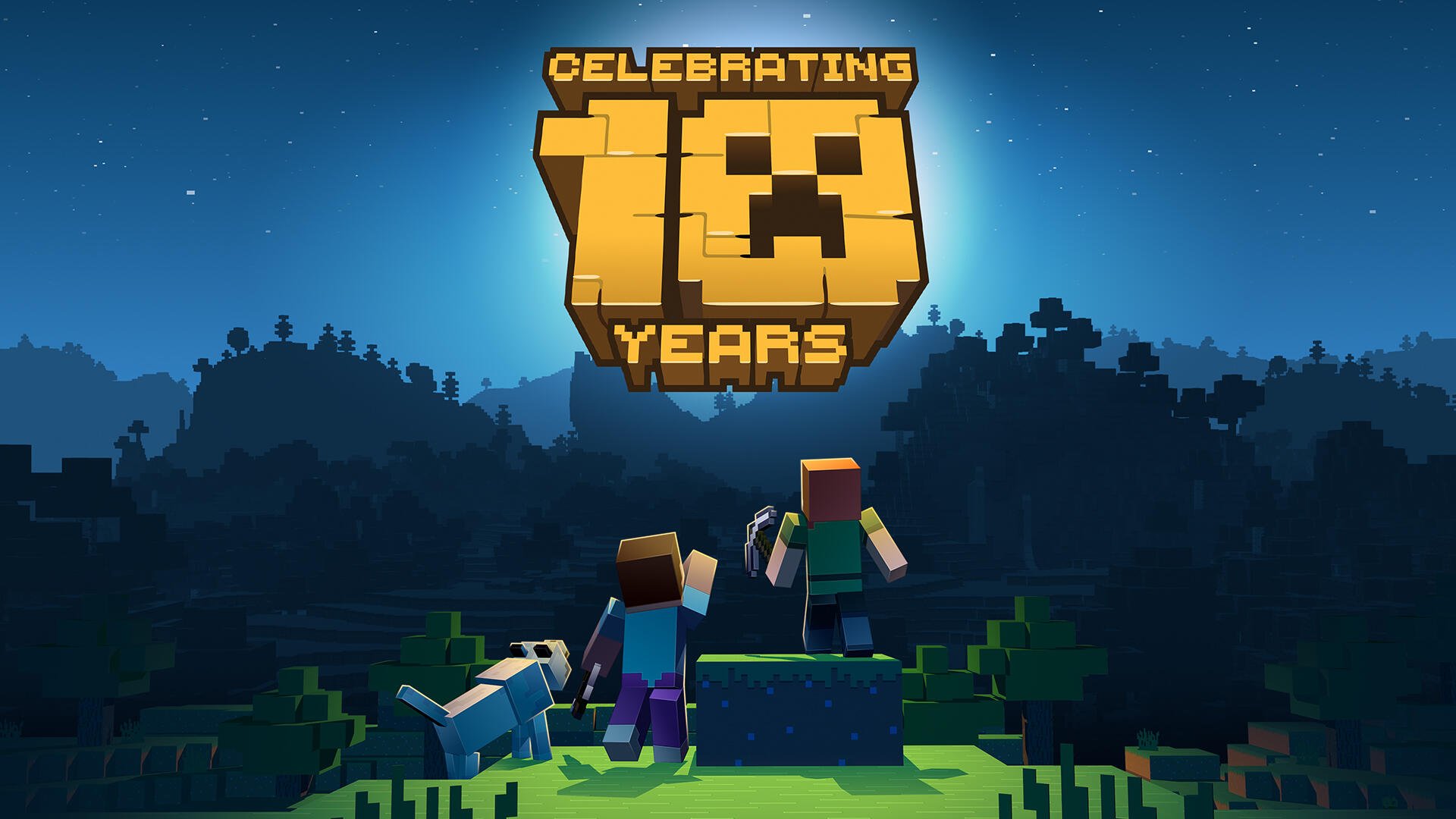HD Minecraft PC wallpaper featuring Steve, Alex, and Herobrine on Nintendo Switch, celebrating 10 years of the popular video game against a nighttime landscape.