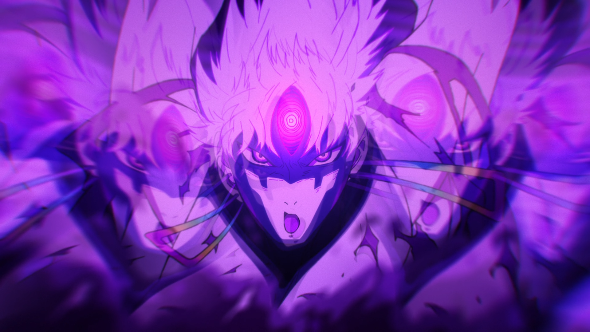 HD anime desktop wallpaper featuring Jin Enjouji in a dynamic, intense purple aura from the series Dandadan.