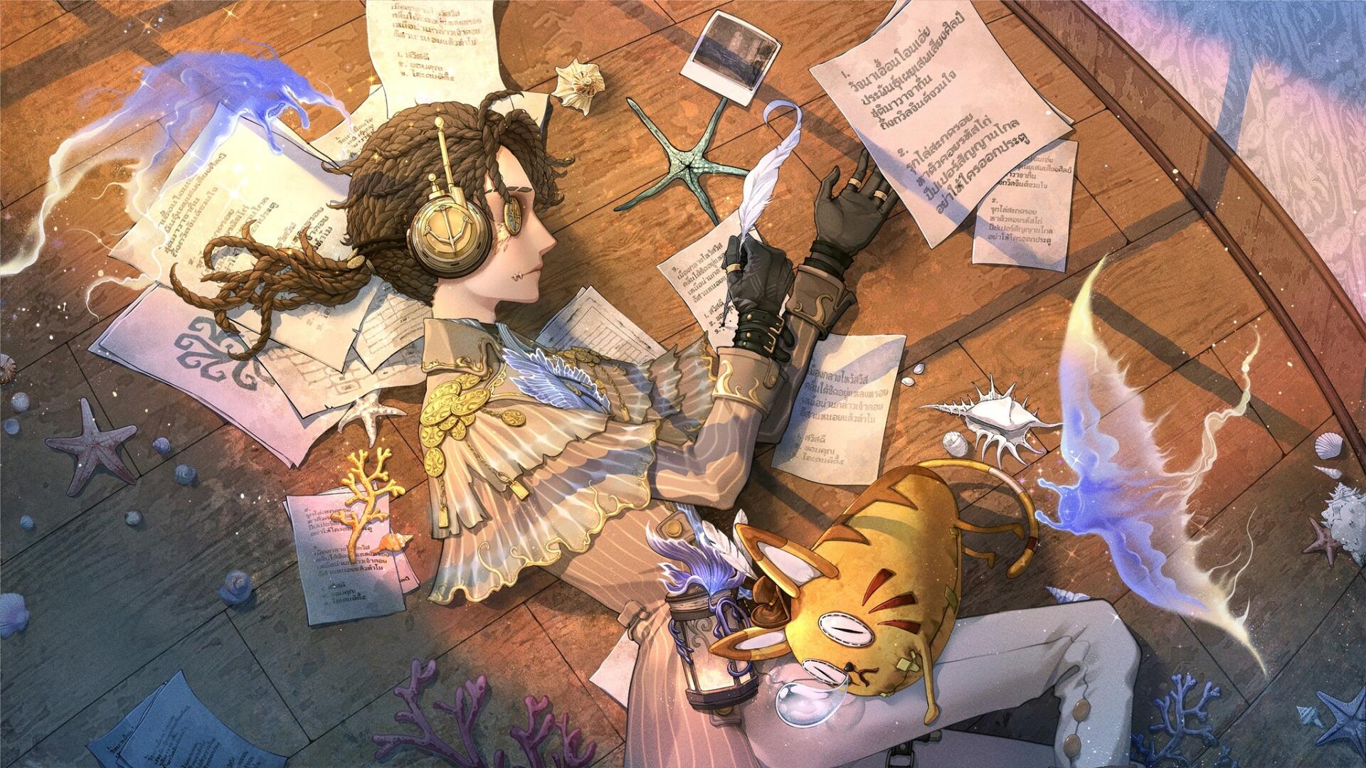 HD PC desktop wallpaper featuring a character from the video game Identity V, surrounded by papers and a cat, set in a warm, detailed artistic style.