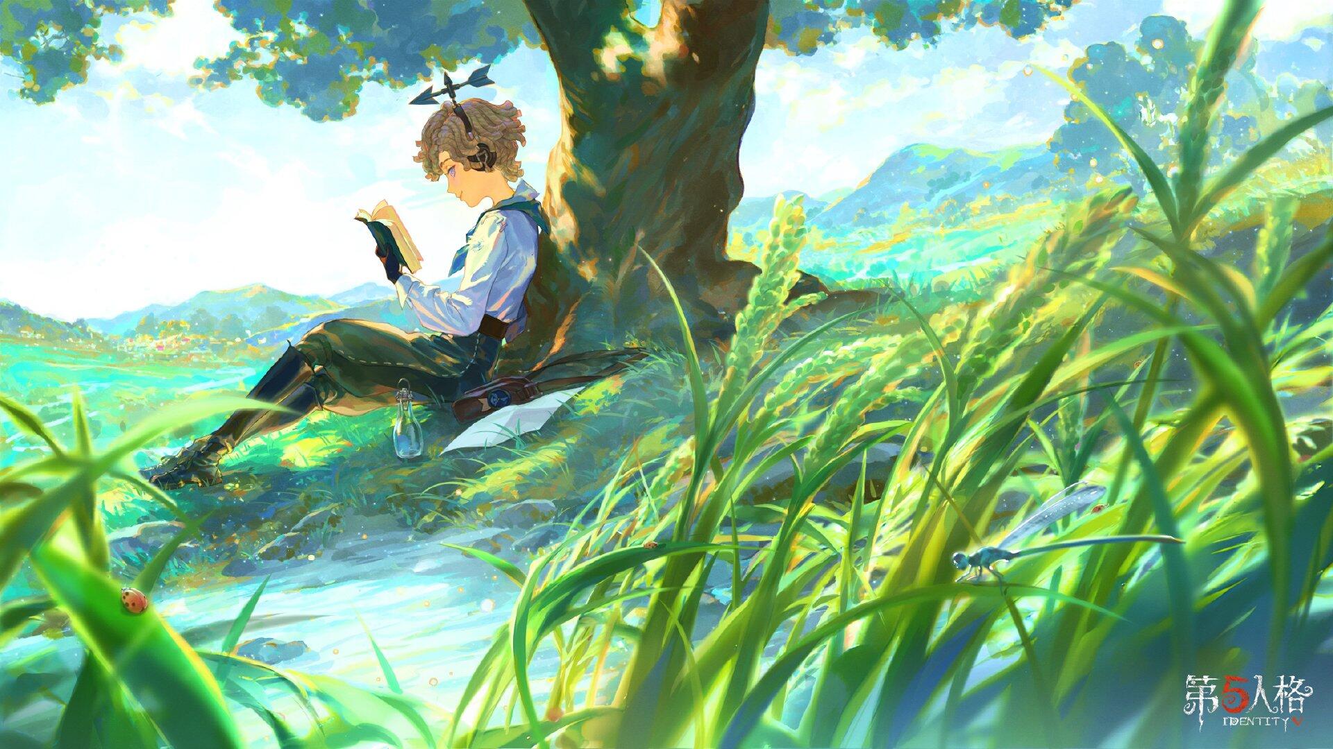 HD PC desktop wallpaper from the video game Identity V, featuring a character sitting under a tree in a vibrant, sunlit grassy landscape.